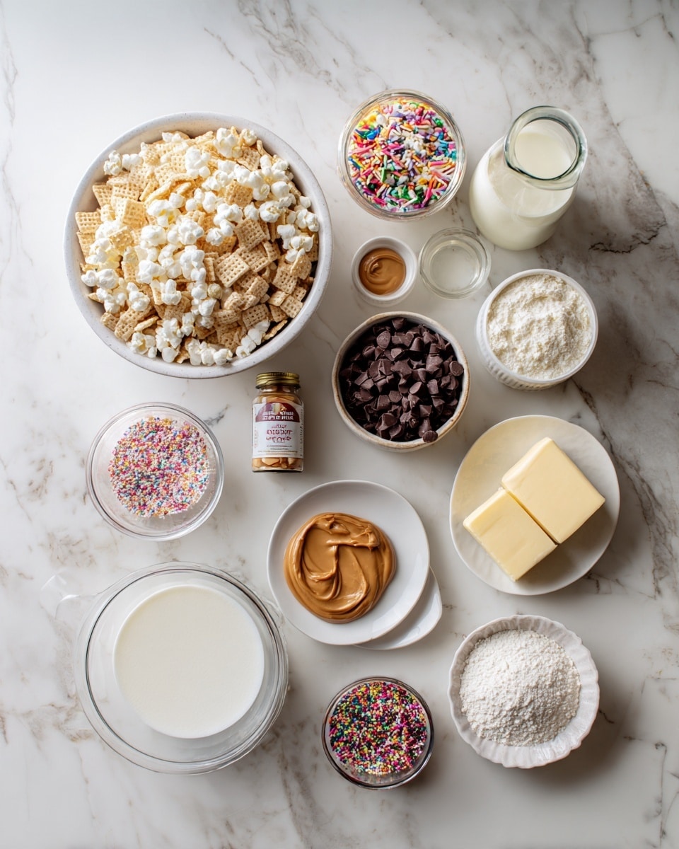 Top-down professional food photography flat lay style, bright white marble countertop, neatly arranged evenly spaced tidy clean organized layout, include: large bowl of rice Chex cereal, small bowl of milk chocolate chips, small plate with peanut butter, small plate with butter, small glass bottle of vanilla flavoring, small bowl of Halloween-themed sprinkles, small bowl of powdered sugar, bright soft natural lighting, sharp focus, high detail textures, realistic reflections, professional DSLR look, 4K, no finished dish, no cooked food, no hands, no text, no watermark, no brand logos --ar 4:5 --v 7