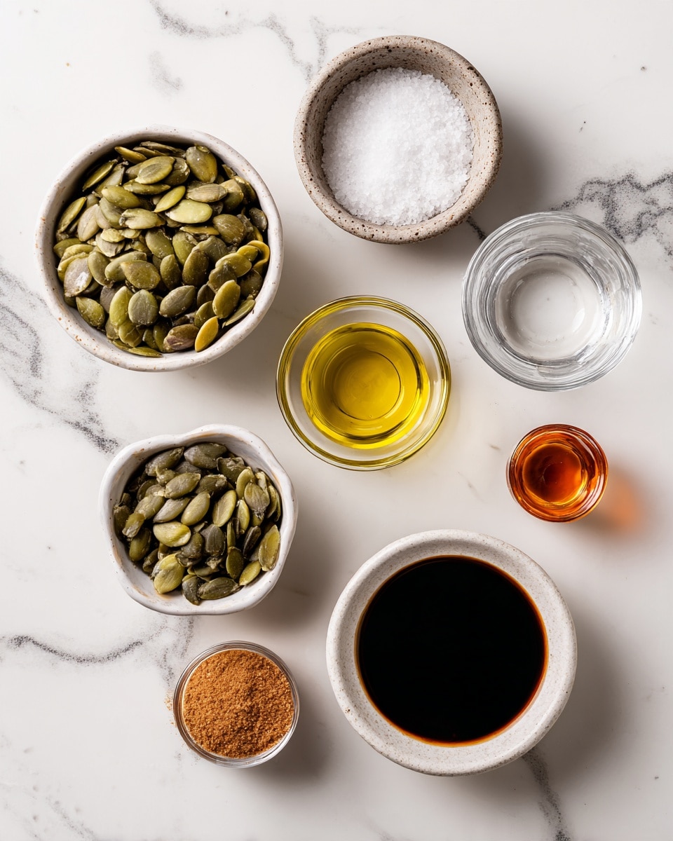 Top-down professional food photography, flat lay style, bright white marble countertop, neatly arranged, evenly spaced, tidy, clean organized layout, include: bowl of raw pumpkin seeds, small bowl of kosher salt, small bowl of brown sugar, small glass cup of olive oil, small glass cup of balsamic vinegar, small bottle of vanilla flavoring, bright soft natural lighting, sharp focus, high detail textures, realistic reflections, professional DSLR look, 4K, no finished dish, no cooked food, no hands, no text, no watermark, no brand logos --ar 4:5 --v 7