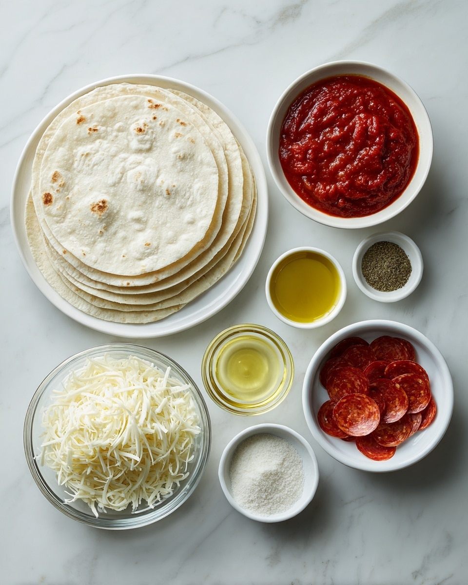 Top-down professional food photography, flat lay style, bright white marble countertop, neatly arranged, evenly spaced, tidy, clean organized layout, include: stack of small tortillas on a clean plate, small bowl of red pizza sauce, clear glass bowl of shredded mozzarella cheese, small white bowl of pepperoni slices neatly fanned out, small glass cup of cooking oil, small bowls containing garlic powder, Italian seasoning, and garlic salt separately, bright soft natural lighting, sharp focus, high detail textures, realistic reflections, professional DSLR look, 4K, no finished dish, no cooked food, no hands, no text, no watermark, no brand logos --ar 4:5 --v 7