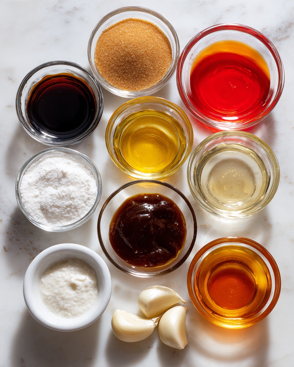 The image shows nine small glass bowls and one white bowl on a white marbled surface, all filled with different cooking ingredients. The top row from left to right has a dark soy sauce-like liquid, light brown sugar, a bright red sauce, and a clear liquid. The bottom row from left to right has a light golden liquid, a white powder in a white bowl, a thick dark brown sauce, a clear amber liquid, and three whole peeled garlic cloves. The bowls are arranged in two neat rows, each ingredient clearly visible and the setting brightly lit. photo taken with an iphone --ar 4:5 --v 7