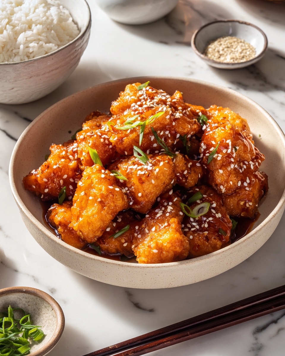 A beige bowl holds multiple pieces of golden brown fried chicken, each piece coated in shiny dark orange sauce. The chicken pieces are sprinkled with white sesame seeds and small green scallion rings. Part of a white bowl with cooked white rice is visible on the top left corner, and a small white dish of chopped scallions and another small white dish of sesame seeds sit nearby on a white marbled surface. A pair of dark brown chopsticks rest on the right side. photo taken with an iphone --ar 4:5 --v 7