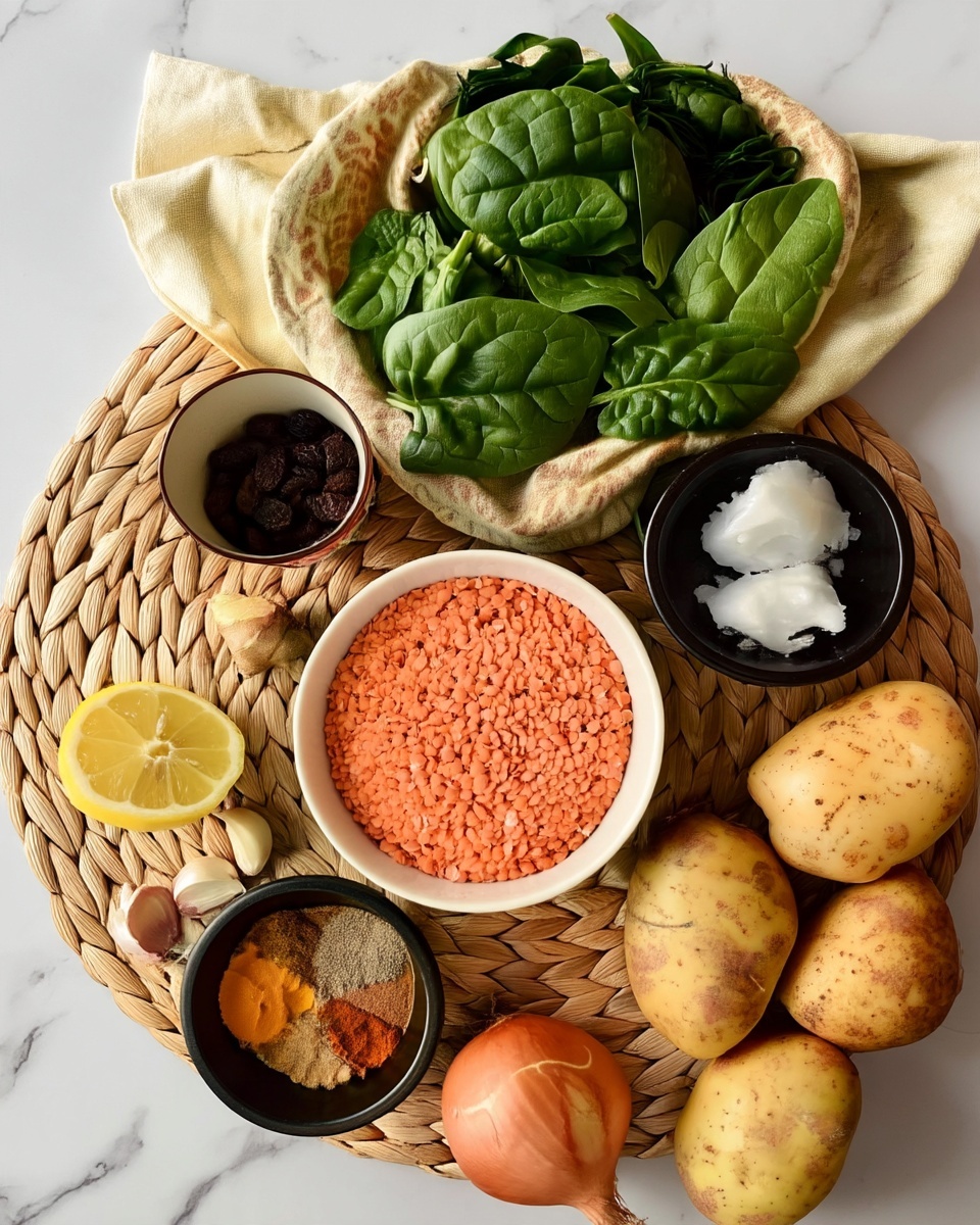 The image shows a round woven mat with various ingredients arranged on it, placed on a white marbled surface. In the center, there is a white bowl filled with small, orange lentils. Above the bowl, there is a bunch of fresh green spinach leaves resting on a cream-colored cloth. To the right of the spinach, a small black bowl holds two white coconut pieces. Below the coconut, several light brown potatoes are grouped together. On the bottom right, there is a whole onion with light orange skin. To the left of the onion, a small black bowl contains five different spices in orange, brown, and beige tones. Near the spices, there are three garlic cloves and a half-cut lemon with bright yellow flesh. At the top left, a small white bowl holds dark brown raisins. photo taken with an iphone --ar 4:5 --v 7