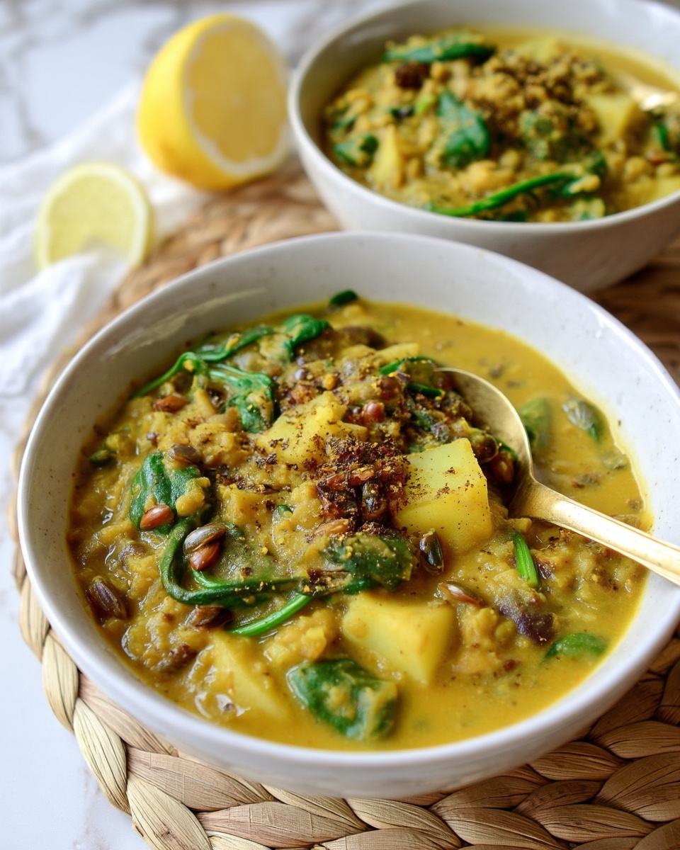 The image shows two white bowls filled with a thick yellowish stew that has visible chunks of light yellow potatoes, green spinach leaves, and scattered brown spices or seeds on top. One bowl is in the front center with a brass spoon inserted into the stew on the right side, while the other bowl is in the background at the top right. The bowls sit on a light woven mat, and a half lemon is placed blurred in the upper left corner. The stew looks creamy with some texture, and the spinach adds a fresh green contrast to the yellow base. The photo is taken against a white marbled surface. Photo taken with an iphone --ar 4:5 --v 7