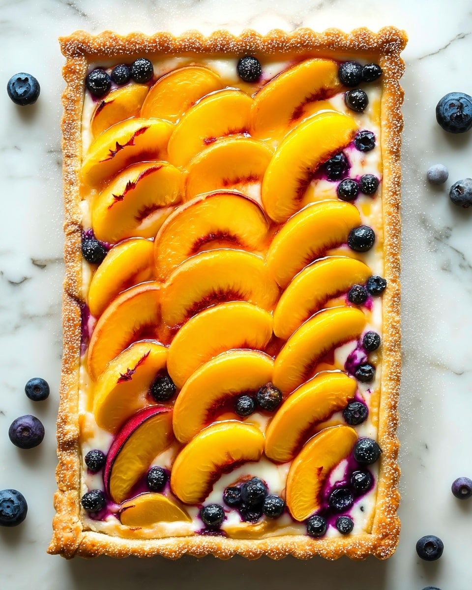 A rectangular tart with a golden-brown flaky crust forms the base, with a slightly raised border around the edges covered in a light sugar coating. Inside the crust, there is a creamy white layer acting as the filling. On top of this are multiple overlapping slices of bright orange-yellow peaches with a blush of red near the edges, arranged in diagonal rows. Scattered among the peach slices are small clusters of deep blue blueberries, some partially sunken into the creamy filling, creating a mix of smooth and slightly juicy textures. The tart rests on a white marbled surface with a few blueberries and juice stains around it. Photo taken with an iphone --ar 4:5 --v 7