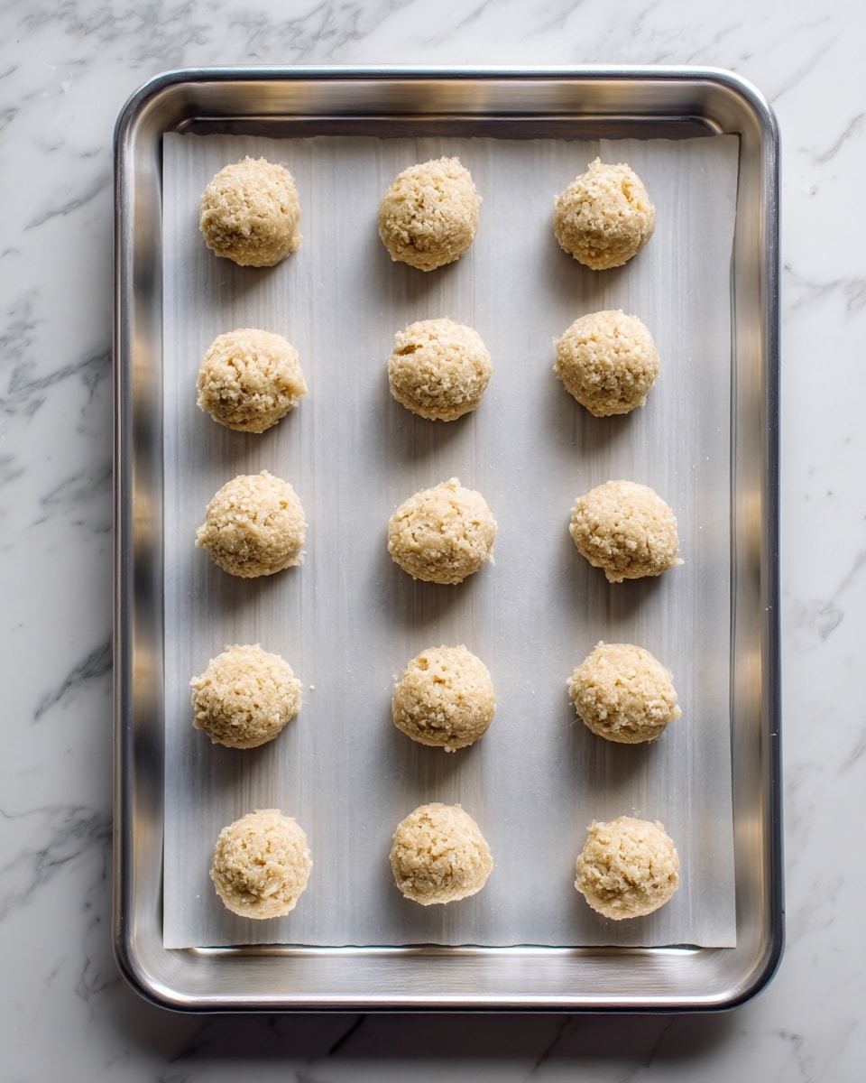 The image shows a silver baking tray lined with white parchment paper on a white marbled surface. On the tray, there are fifteen small, round dough balls arranged neatly in three rows and five columns. Each dough ball has a rough, crumbly texture and is pale beige in color, looking like they are ready to be baked. The light is soft, highlighting the texture of the dough and the smooth metal of the tray. photo taken with an iphone --ar 4:5 --v 7