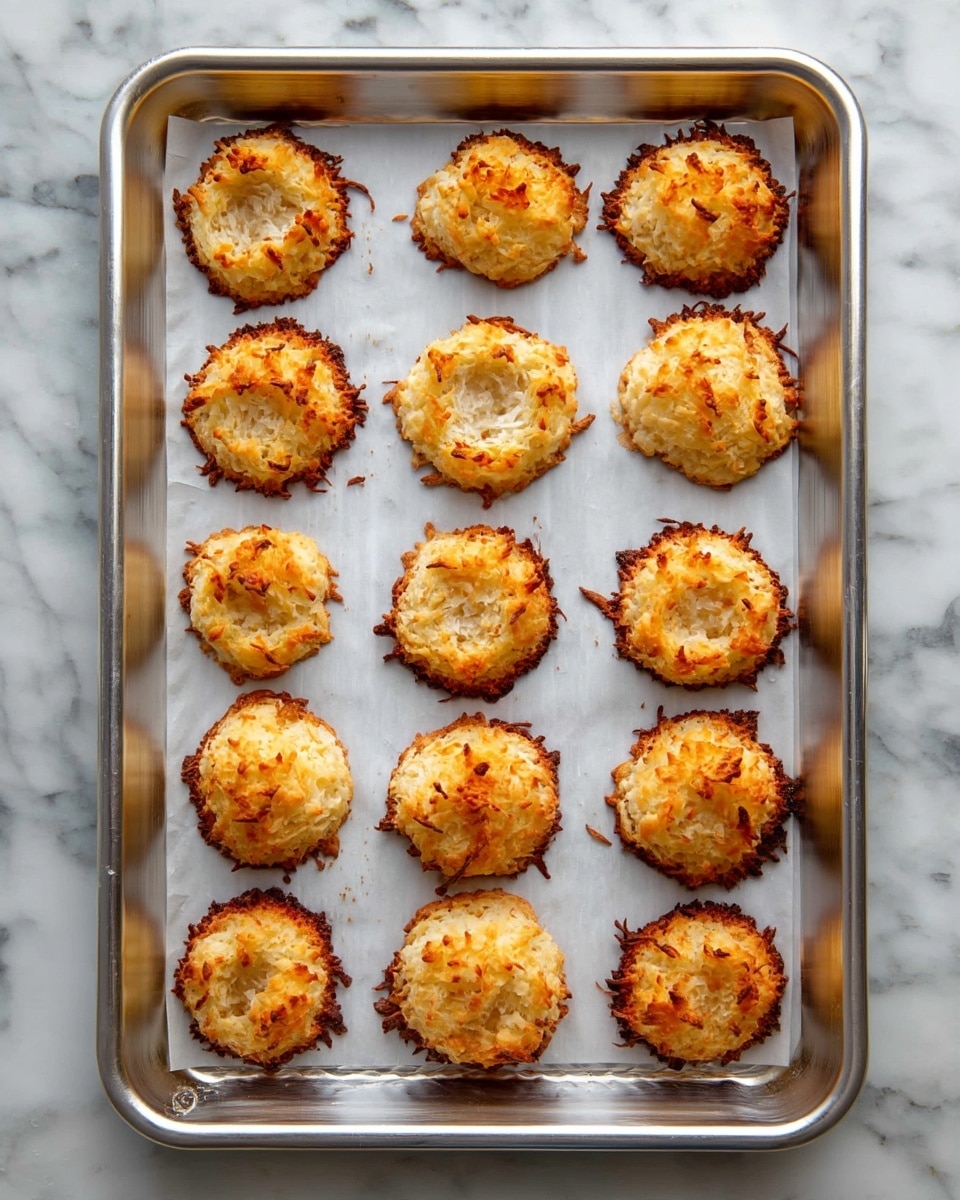 The image shows a metal baking tray with twelve small light golden-brown baked rounds, each having a rough, slightly crumbly texture. They are arranged in three rows of four, spaced evenly on white parchment paper that lines the tray. Each round has a small indentation in the center, revealing a softer, lighter inside layer compared to the outer crust. The tray is set on a white marbled surface. photo taken with an iphone --ar 4:5 --v 7