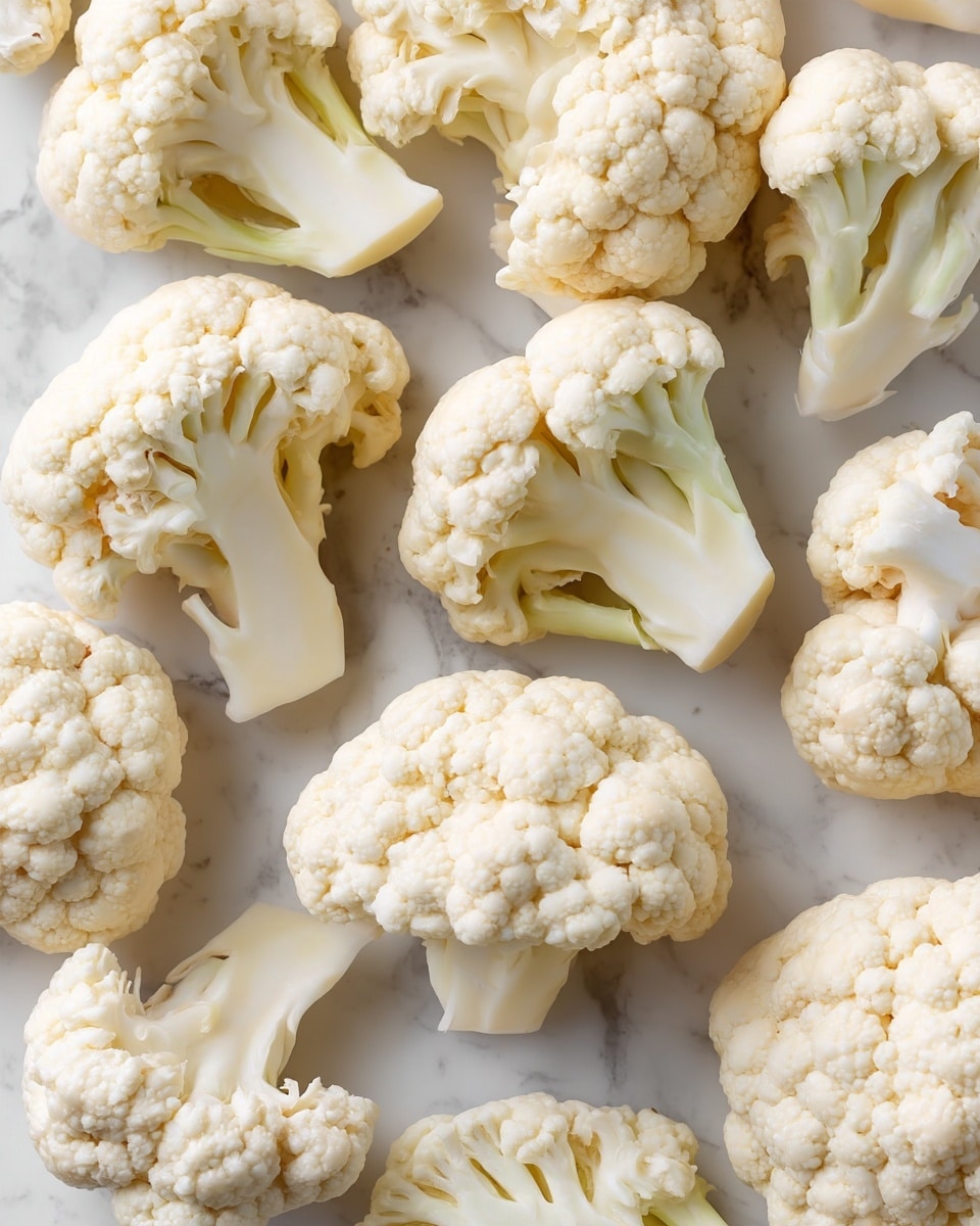 The image shows many pieces of raw cauliflower laid out closely together on a white marbled surface. The cauliflower pieces vary in size, each showing a creamy white, bumpy texture on top with thick, smooth white stalks at the bottom. The florets have a natural, slightly rounded shape with some showing exposed stems, giving a fresh and clean look. The light highlights the soft off-white color and details of the bumpy curds in each piece. photo taken with an iphone --ar 4:5 --v 7