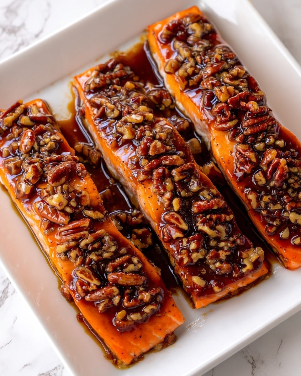 Three pieces of cooked salmon are arranged side by side on a white plate, each topped with a thick layer of sticky, dark brown glaze mixed with chopped pecans. The salmon is bright orange with a moist texture, while the pecans add a rough, crunchy look on top. The white plate sits on a white marbled surface. The photo taken with an iphone --ar 4:5 --v 7