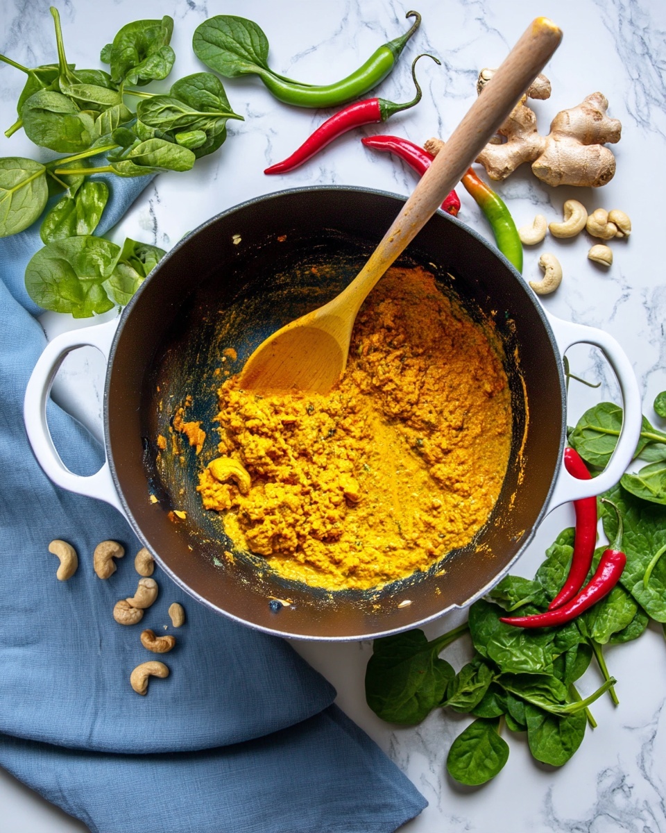 Inside a large black cooking pot with white handles on each side, there is a small amount of cooked yellow-orange mixture with a slightly chunky texture, spread unevenly mostly on one side of the pot. A wooden spoon with a long handle lies resting in the pot, touching the mixture. The pot is set on a white marbled surface, around which fresh green spinach leaves, a few white cashew nuts, red and green chili peppers, a piece of yellow root vegetable, and a blue cloth are scattered. Photo taken with an iphone --ar 4:5 --v 7