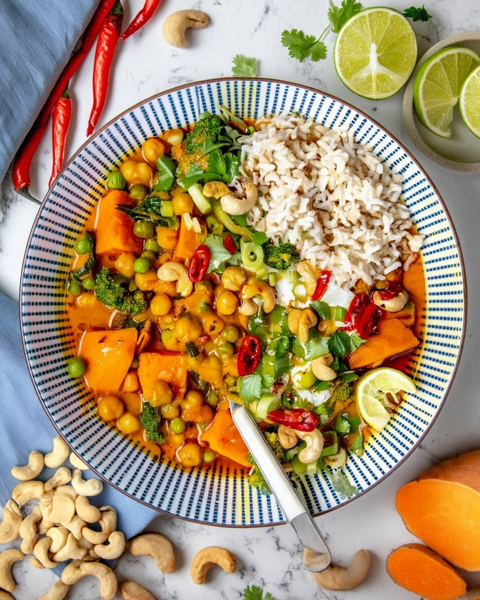 A white round plate with blue stripes holds a colorful veggie curry and rice meal. On the left, there is a thick layer of orange curry sauce with chunks of bright orange sweet potato, light yellow chickpeas, green peas, and small broccoli pieces. On the right side, there is a heap of light brown rice. The curry is topped with fresh green cilantro leaves, sliced red chili peppers, light beige cashew nuts, and sliced green spring onions. A silver spoon rests on the plate's bottom edge, touching the curry and rice. The plate lies on a white marbled surface with some red chili peppers, whole cashews, lime slices in a small white bowl, and a piece of orange sweet potato nearby. Photo taken with an iphone --ar 4:5 --v 7