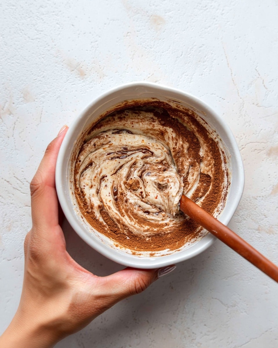 A white ceramic bowl filled with a creamy mixture swirled with brown cinnamon powder creating a marbled texture inside the bowl, with a wooden spoon stirring the mix from the center. A woman's hand is holding the bowl from the side, and the background is a light, textured white marbled surface. The creamy base looks smooth and thick with uneven cinnamon streaks spread throughout the top layer, creating a rich color contrast. Photo taken with an iphone --ar 4:5 --v 7