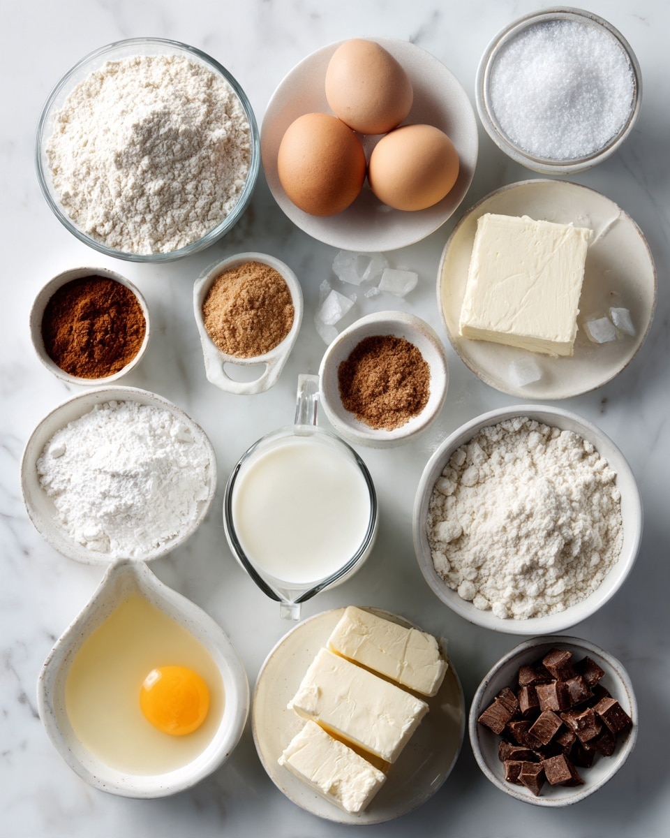 Top-down professional food photography flat lay style, bright white marble countertop, neatly arranged, evenly spaced, tidy, clean organized layout, include: bowl of gluten free all purpose flour, small bowl of sugar, small bowl of brown sugar, small bowl of baking powder, small bowl of kosher salt, small plate of frozen unsalted butter, small plate with whole egg, glass measuring cup of whole milk, small bowl of cinnamon chips, small bowl with beaten egg for egg wash, bright soft natural lighting, sharp focus, high detail textures, realistic reflections, professional DSLR look, 4K, no finished dish, no cooked food, no hands, no text, no watermark, no brand logos --ar 4:5 --v 7