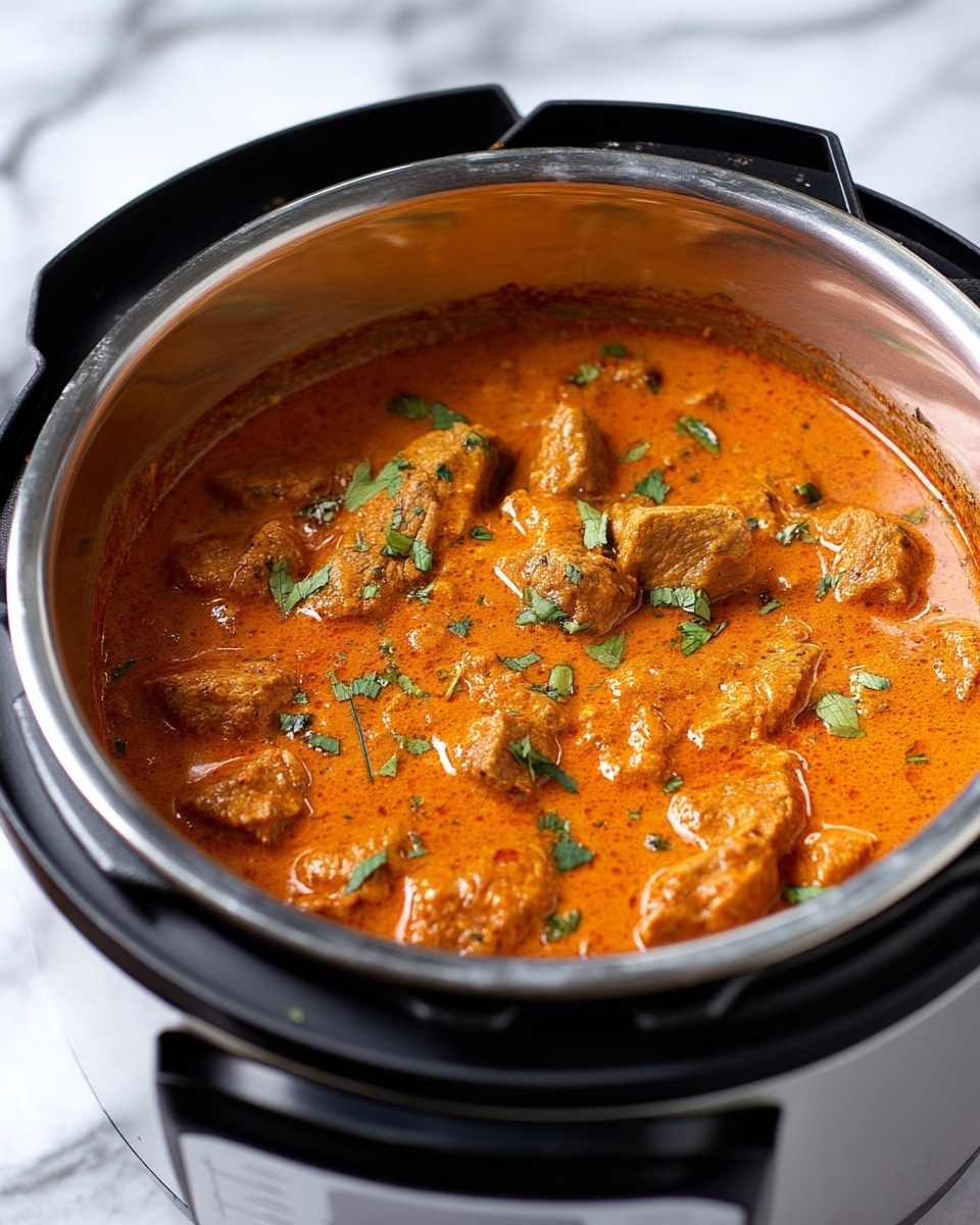 The image shows a pot filled with a thick orange curry that has chunks of meat evenly spread inside. The curry is smooth with some small darker spices visible and is topped with scattered fresh green herb leaves. The pot's inside has a shiny metallic surface, and the pot itself is black on the outside. The background is a white marbled texture. Photo taken with an iphone --ar 4:5 --v 7