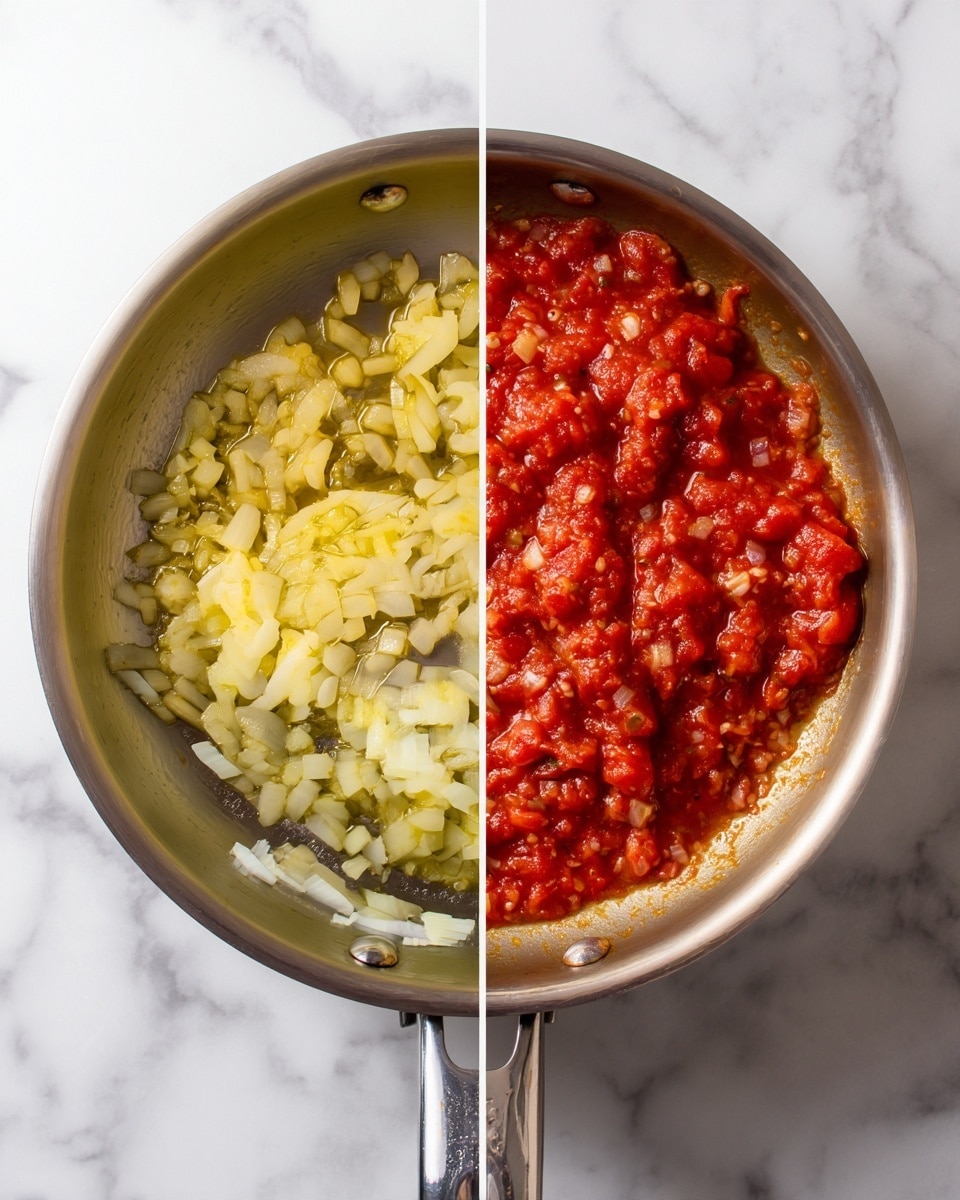 The image shows two side-by-side close-ups of a cooking pot on a white marbled surface. The left side displays finely chopped onions sizzling in oil, light yellow in color, with a soft translucent texture filling the pot's base. The right side shows the same pot with the onions mostly covered by a thick layer of bright red tomato sauce mixed with small tomato pieces and herbs, creating a textured surface of both smooth and chunky elements over the yellow base of onions. The pot is stainless steel with a shiny, slightly reflective surface. Photo taken with an iphone --ar 4:5 --v 7