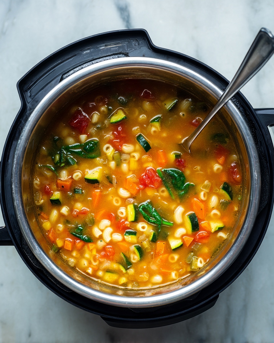 The image shows a pot of vegetable soup with a mix of colorful layers inside a stainless steel inner pot of a black electric cooker. The soup has a watery orange base dotted with small round macaroni pasta, small white beans, and small cubes of green zucchini, orange carrots, and red tomatoes. There are a few green leafy spinach pieces floating on top. A metal spoon rests inside the pot, partly submerged in the soup. The pot is placed on a white marbled surface. photo taken with an iphone --ar 4:5 --v 7