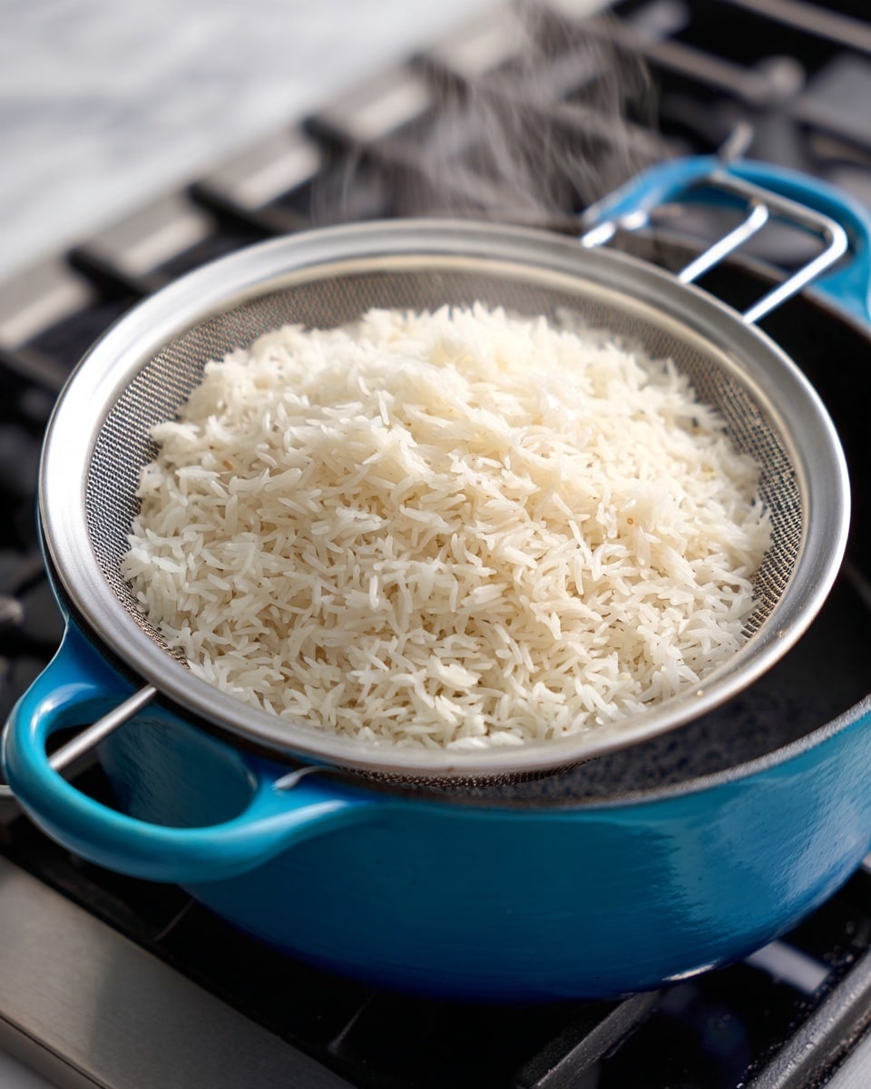 A close-up view of a metal fine mesh strainer filled with white cooked rice. The strainer has two handles and rests on top of a large blue pot with rounded handles, showing steam rising from below. The rice grains are fluffy and soft with a slightly separated texture. The blue pot sits on a black stove top, all placed on a white marbled surface with a light blue cloth nearby. photo taken with an iphone --ar 4:5 --v 7