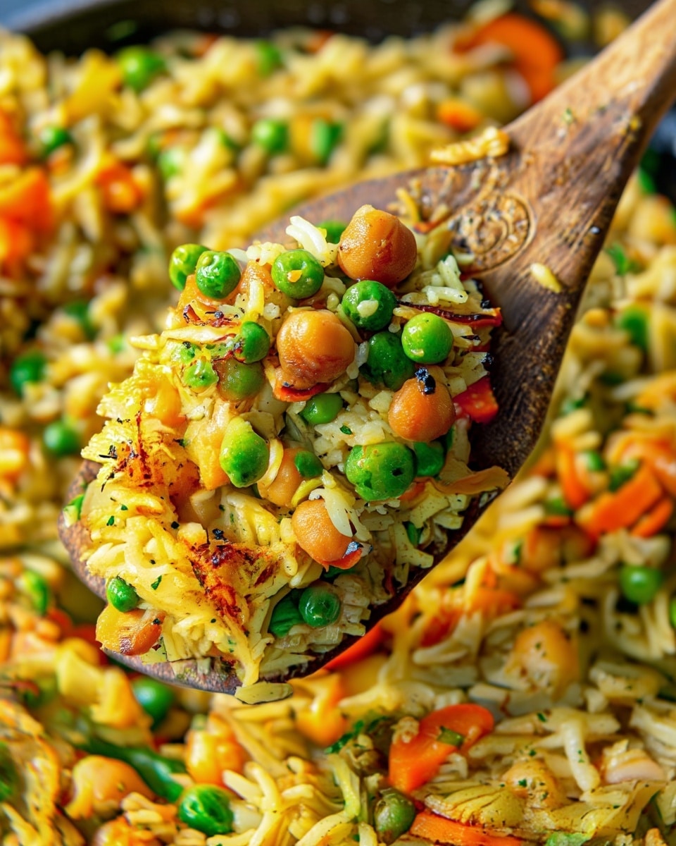 A close-up of a wooden spoon lifting a scoop of cooked rice mixed with bright green peas, small orange carrot pieces, and light beige chickpeas, all mixed together with some browned and slightly crispy parts. The rice is yellowish with some darker, cooked spots. The background shows the rest of the colorful rice mixture in a pan. The texture looks soft with some crunchy bits. Photo taken with an iphone --ar 4:5 --v 7