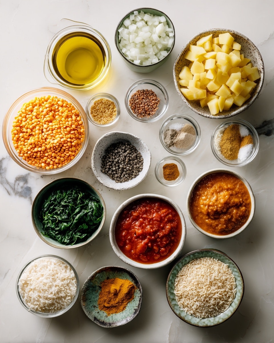 Top-down professional food photography flat lay style, bright white marble countertop, neatly arranged, evenly spaced, tidy, clean organized layout, include: small glass cup of olive oil, small bowl of diced sweet onion, small bowl of peeled diced Yukon Gold potatoes, small bowl of green lentils, small bowl of tomato sauce, small glass cup of coconut cream, small bowl of frozen chopped spinach, small bowls of curry powder, garlic powder, cumin, salt, black pepper, ground ginger, garam masala, small bowl of sugar, small plate of jasmine rice, small plate of brown basmati rice, small plate of cauliflower rice, bright soft natural lighting, sharp focus, high detail textures, realistic reflections, professional DSLR look, 4K, no finished dish, no cooked food, no hands, no text, no watermark, no brand logos --ar 4:5 --v 7