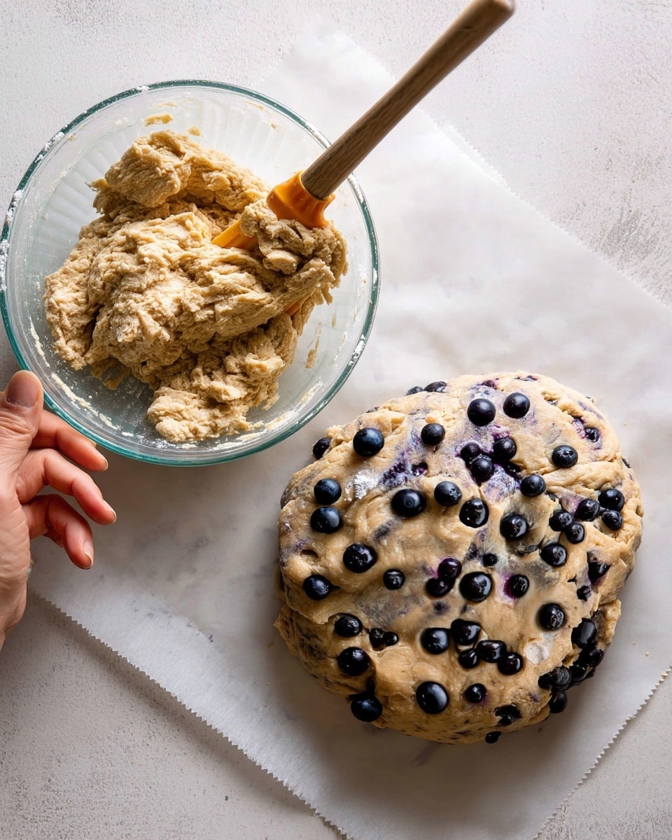 A clear glass bowl on the left side contains thick, light brown dough mixed with visible bits of coarse flour, stirred with a rubber spatula that has a wooden handle. On the right side, a round, rough-textured dough is placed on white parchment paper, dotted generously with dark blue blueberries all over its surface, creating a contrast with the dough's light beige tone. Both the bowl and dough rest on a white marbled textured surface. photo taken with an iphone --ar 4:5 --v 7