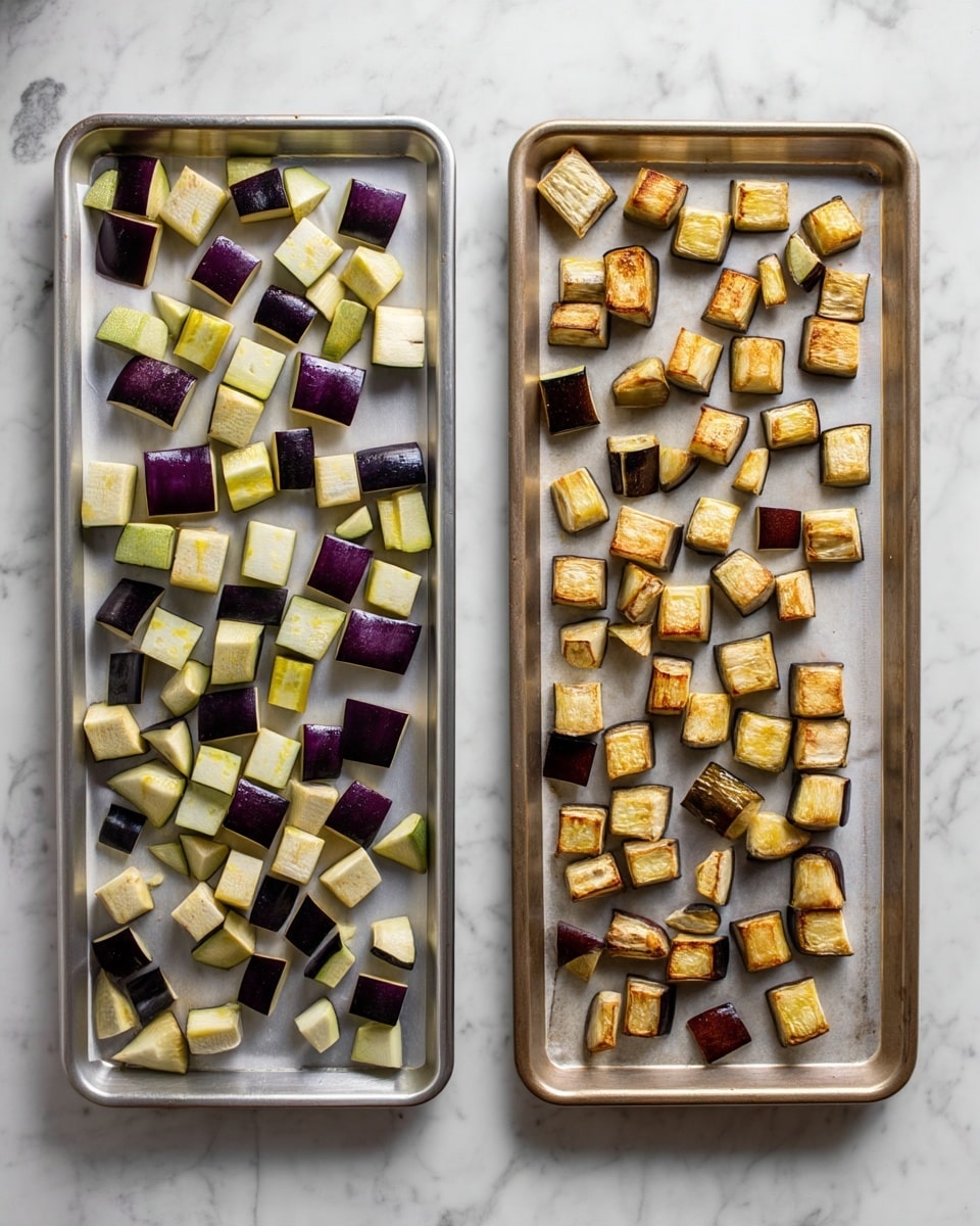 Two metal baking trays are shown on a white marbled surface. The tray on the left has many evenly spaced small cubes of raw eggplant, with some showing purple skin and light greenish flesh. On the right tray, similar cubes of eggplant are shown roasted, with a golden-brown toasted texture on the light greenish flesh parts while the purple skin remains dark. Both trays have parchment paper underneath the eggplant pieces. photo taken with an iphone --ar 4:5 --v 7