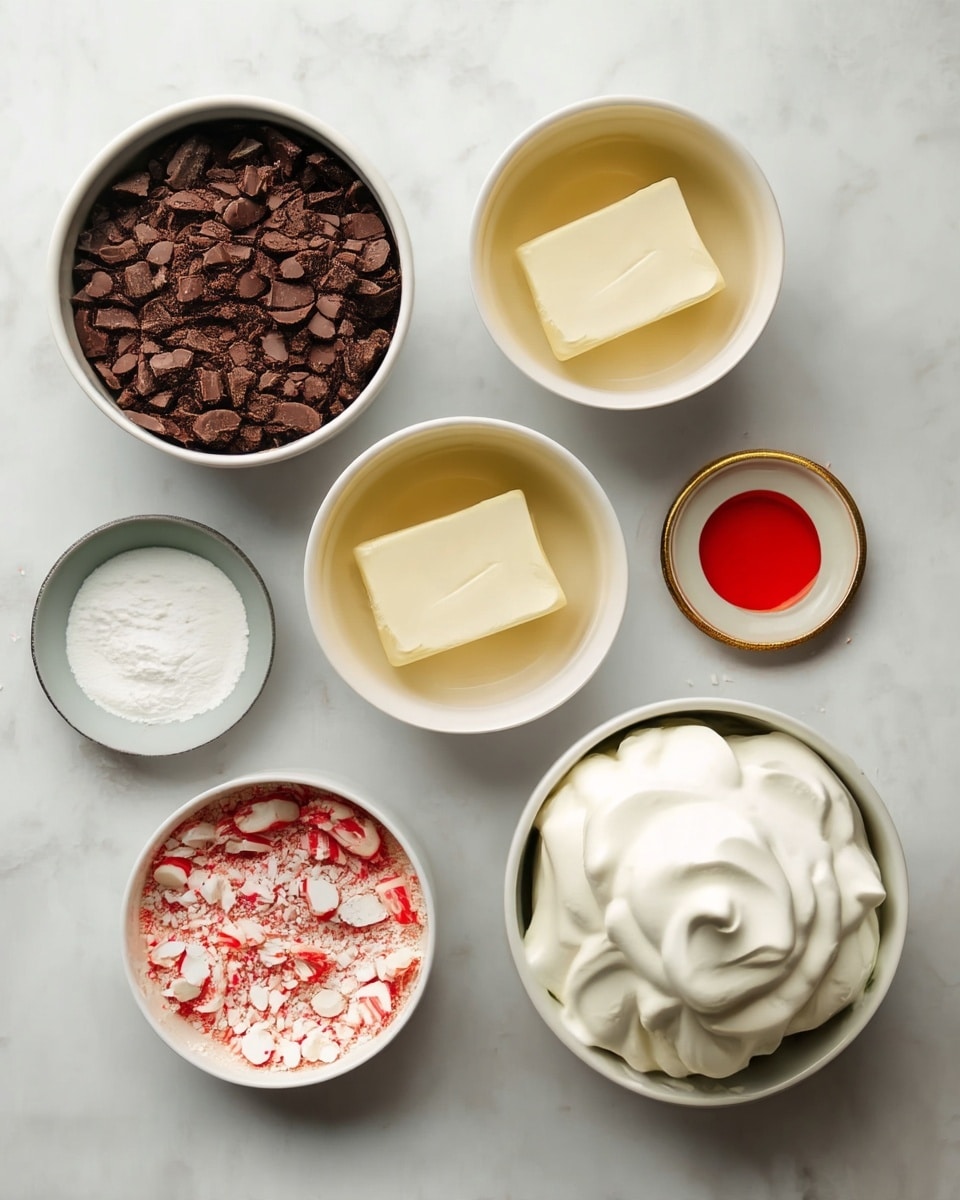 Six bowls of ingredients are placed on a white marbled surface. The largest bowl at the bottom right is filled with fluffy white whipped cream with soft swirls on top. Above it to the right is a small white bowl with bright red liquid. Centered above the whipped cream is a white bowl with a rectangular block of light yellow butter. To the left of the butter is a white bowl filled with dark brown chopped chocolate pieces. Below the chocolate bowl is a white bowl with crushed red and white peppermint pieces. Finally, to the bottom left, there is a white bowl with a fine white powder. The ingredients are spaced out neatly, showing clear details and textures. Photo taken with an iphone --ar 4:5 --v 7