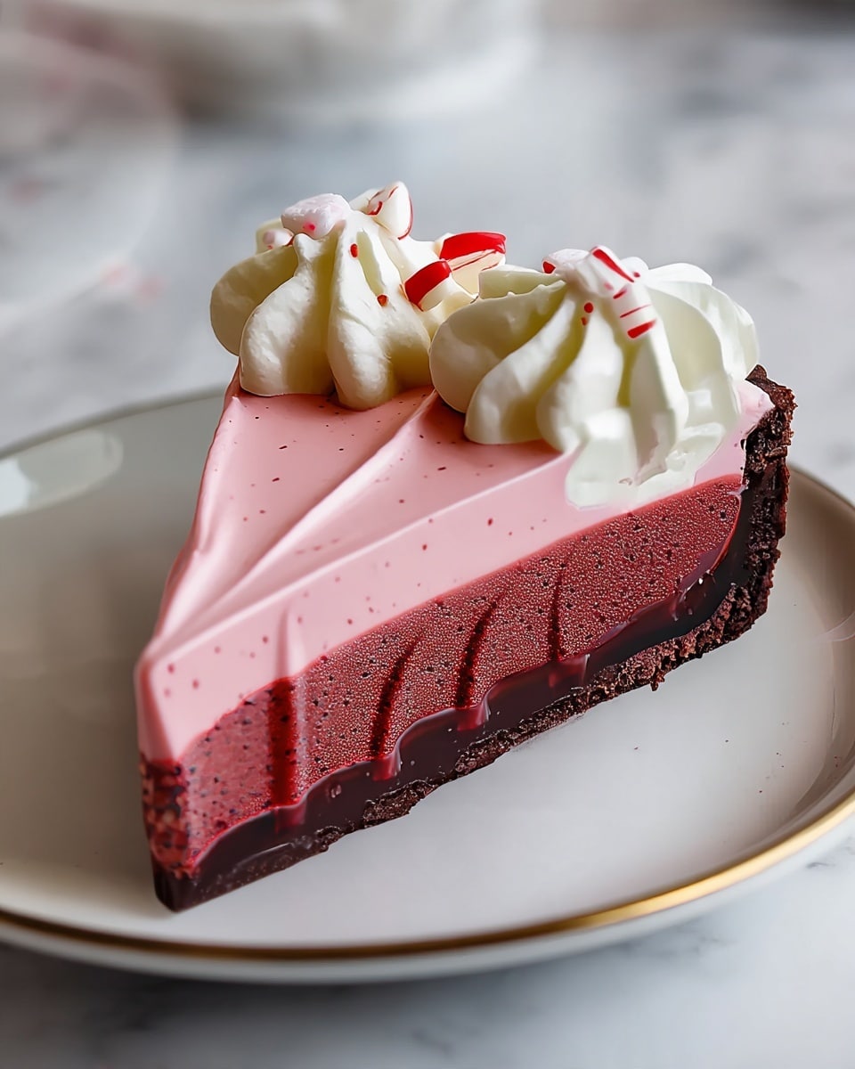 A slice of pie with three layers on a white plate with a thin gold rim, placed on a white marbled surface. The bottom layer is dark brown and crumbly, looking like a chocolate crust. Above it is a thin dark red layer, smooth and glossy. The top layer is thick, light pink, and creamy with small red specks inside. On the top edge of the pink layer, there are two dollops of white whipped cream, each topped with small pieces of red and white candy. Photo taken with an iphone --ar 4:5 --v 7