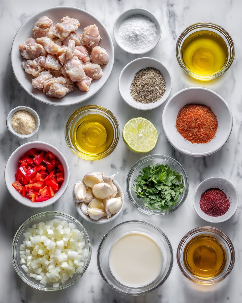 Top-down professional food photography, flat lay style, bright white marble countertop, neatly arranged, evenly spaced, tidy, clean organized layout, include: small plate of prepared chicken pieces seasoned with salt and pepper, small glass cup of olive oil, small bowl of diced onion, small bowl of diced red bell pepper, small bowl of minced garlic, glass measuring cup of chicken stock, small bowl of cornstarch, small bowl of red chili flakes, small bowl of turmeric powder, glass measuring cup of coconut milk, small glass cup of lime juice, small glass cup of heavy cream, small bowl of chopped fresh cilantro, bright soft natural lighting, sharp focus, high detail textures, realistic reflections, professional DSLR look, 4K, no finished dish, no cooked food, no hands, no text, no watermark, no brand logos --ar 4:5 --v 7
