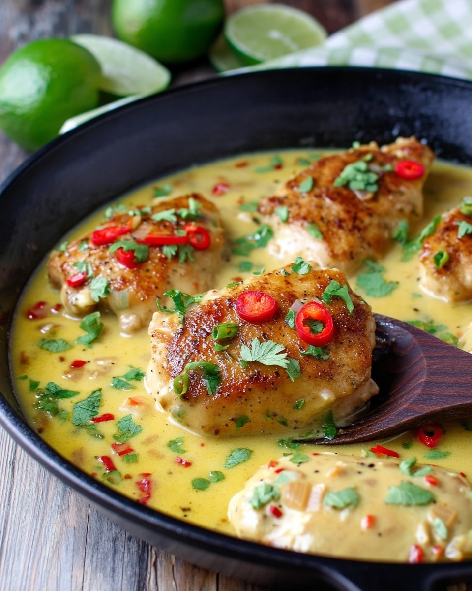 A close-up view of several pieces of light golden chicken submerged in a thick creamy yellow sauce with small red chili pieces and translucent diced onions scattered throughout. The chicken pieces are garnished with fresh chopped green cilantro leaves on top, giving a touch of vibrant color. The dish is in a black skillet with a dark wooden spatula lifting one piece of chicken from the creamy sauce. In the background, there is a blurred white marbled surface with out-of-focus lime wedges and a green and white checkered cloth. photo taken with an iphone --ar 4:5 --v 7