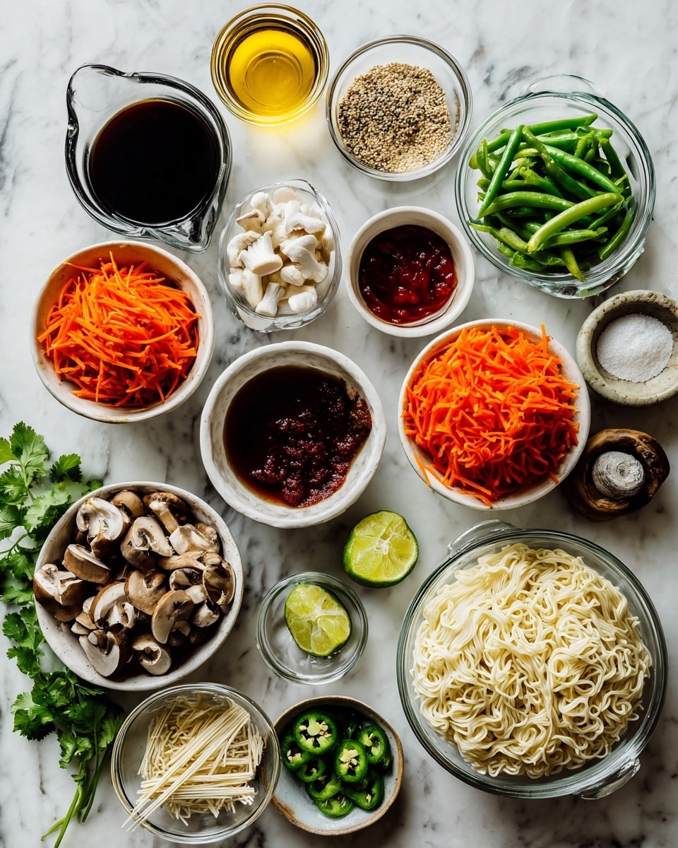 Top-down professional food photography, flat lay style, bright white marble countertop, neatly arranged, evenly spaced, tidy, clean organized layout, include: small glass cup of sesame oil, bowl of shredded carrots, bowl of sugar snap peas, bowl of sliced mushrooms, small bowl of red curry paste, small bowl of curry powder, small bowl of minced garlic, small bowl of minced ginger, glass measuring cup of vegetable broth, glass measuring cup of coconut milk, bowl of uncooked ramen noodles, small glass cup of lime juice, small bowl of kosher salt, small bowl of fresh cracked pepper, small plate of fresh cilantro, bowl of sliced jalapenos, small plate of lime wedges, bright soft natural lighting, sharp focus, high detail textures, realistic reflections, professional DSLR look, 4K, no finished dish, no cooked food, no hands, no text, no watermark, no brand logos --ar 4:5 --v 7