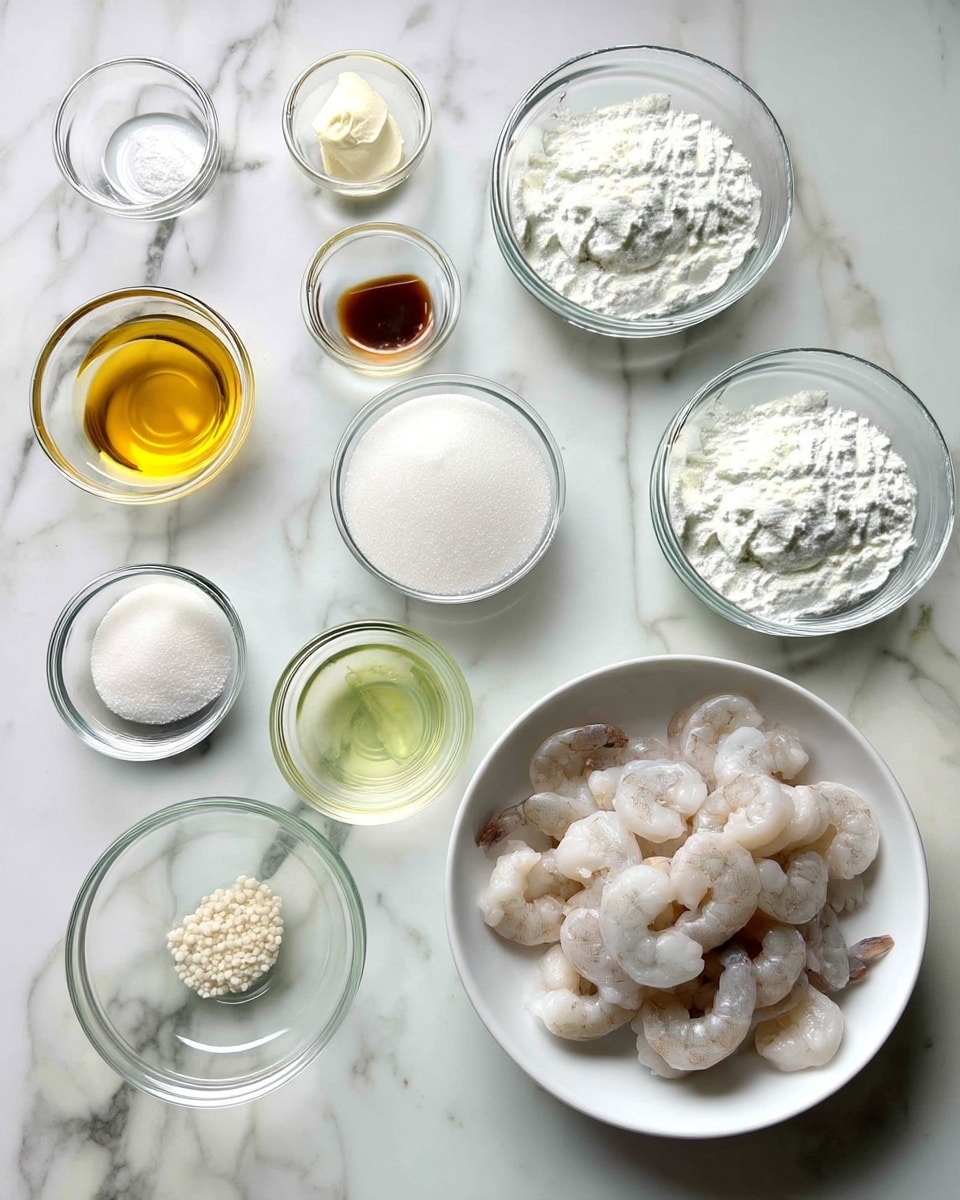 The image shows a white bowl full of raw shrimp at the bottom right side. Surrounding it are smaller clear glass bowls with various ingredients including white sugar, egg whites, flour, white liquid, minced garlic, white powder, and clear liquids. All items are placed neatly on a white marbled surface. photo taken with an iphone --ar 4:5 --v 7