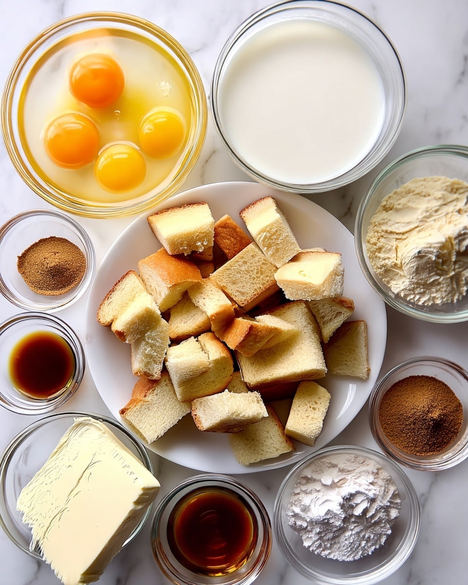 A top view of a white plate filled with irregular small cubes of light yellow bread with slightly golden crusts on the edges placed on a white marbled surface. Surrounding the plate are seven clear glass bowls each containing different ingredients: one large bowl with five raw eggs showing bright yellow yolks and clear whites, one large bowl filled with creamy white milk, one with a block of light yellow butter, one with light beige powder flour, one with brown sugar, one with dark brown vanilla extract, one with brown cinnamon powder, and one with white salt crystals. The overall image is well lit with natural light, showing all the textures clearly. photo taken with an iphone --ar 4:5 --v 7