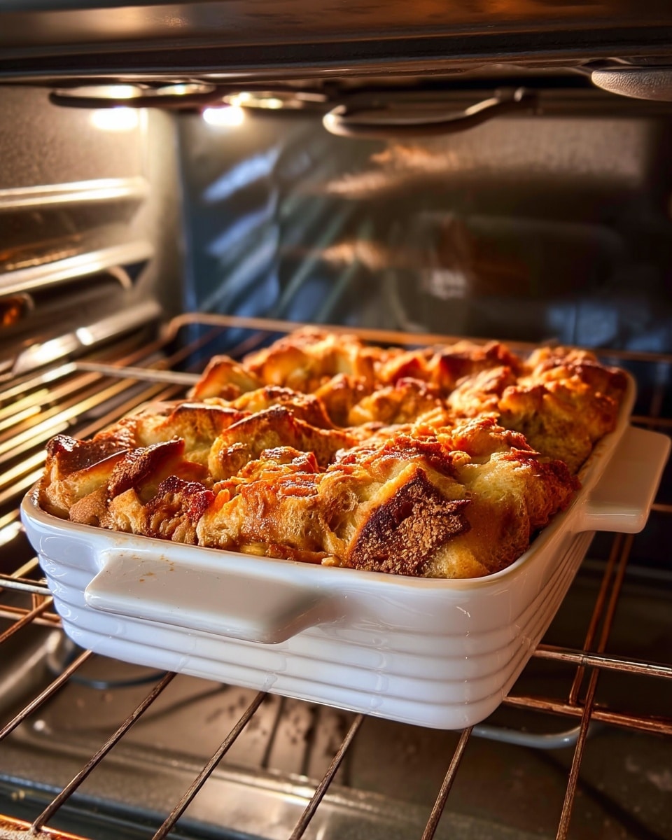 The image shows a golden brown baked dish inside an oven, made in a white rectangular baking dish with handles. The dish has multiple layers of bread or dough pieces that are textured and slightly crispy on top, with some parts showing a darker browned color indicating a crunchy crust. The pieces are densely packed, forming a rough, uneven surface with a crumbly texture scattered on top. The warm oven light highlights the crunchy, rustic look of the baked layers. The background is a white marbled oven interior. Photo taken with an iphone --ar 4:5 --v 7