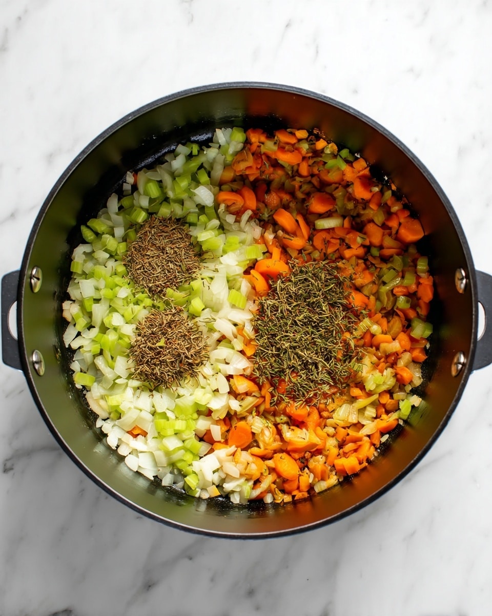 A black cooking pot is shown from above on a white marbled surface. On the left side of the pot, there are three main layers: finely diced onions in translucent white, chopped orange carrots, and halved green celery pieces. Dark brown dried herbs are sprinkled in small piles on the carrots and onions. On the right side, the same ingredients appear evenly mixed, showing a blend of green celery, orange carrot pieces, and translucent bits of onion along with scattered herbs, creating a colorful, textured vegetable mixture. The pot has two small side handles. photo taken with an iphone --ar 4:5 --v 7