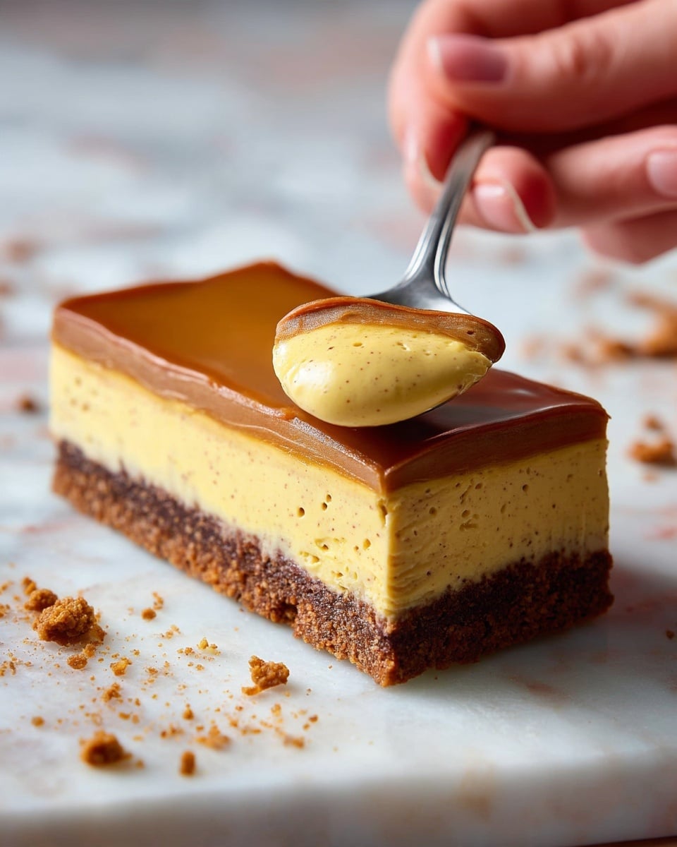 The image shows a close-up of a rectangular slice of pie with three distinct layers on a white marbled surface. The bottom layer is a dark brown, crumbly crust that looks firm and crunchy. Above that is a thick, smooth middle layer of light yellow cream with small darker specks, creating a soft texture. The top layer is a thinner, shiny brown caramel layer that wraps around the edges, contrasting with the cream layer. A woman's hand is holding a silver spoon with a scoop of the creamy yellow filling near the pie slice. The background has scattered crumbs, adding to the warm, inviting appearance. photo taken with an iphone --ar 4:5 --v 7