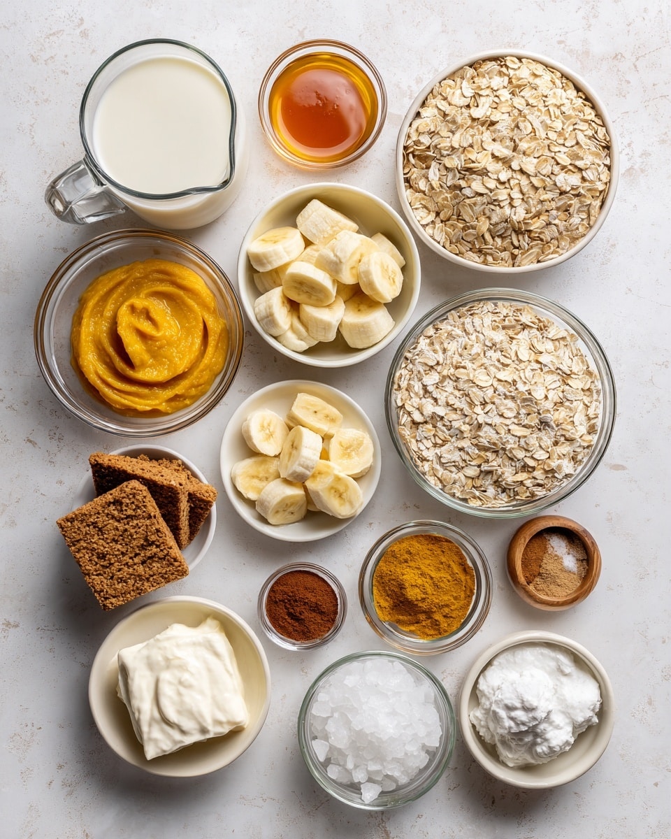 Top-down professional food photography, flat lay style, bright white marble countertop, neatly arranged, evenly spaced, tidy, clean organized layout, include: glass measuring cup of milk, small bowl of pumpkin puree, small bowl of frozen chopped banana, small bowl of quick oats, small plate of softened cream cheese, small glass cup of honey, small bowl of pumpkin pie spice, small bowl of ground cinnamon, small bowl of ground cloves, small glass cup of vanilla flavoring, small glass cup of ice, small bowl of whipped cream, small bowl of crushed graham crackers, bright soft natural lighting, sharp focus, high detail textures, realistic reflections, professional DSLR look, 4K, no finished dish, no cooked food, no hands, no text, no watermark, no brand logos --ar 4:5 --v 7