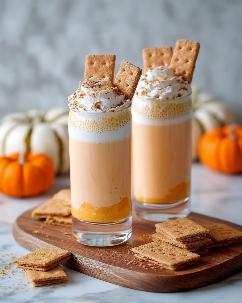 The image shows two clear glass cups filled with a creamy, light orange drink with a slightly thick texture. Each cup has three visible layers: the bottom layer is a smooth, pale orange liquid, the middle layer is a thin, white foam, and the top layer is a thick, fluffy white whipped cream sprinkled with a fine brown powder. Two rectangular brown graham crackers are placed vertically in the whipped cream on each drink. The glasses sit on a wooden board with a warm brown color, and in the background, there are small white and orange pumpkins with more graham crackers, all placed on a white marbled surface. photo taken with an iphone --ar 4:5 --v 7