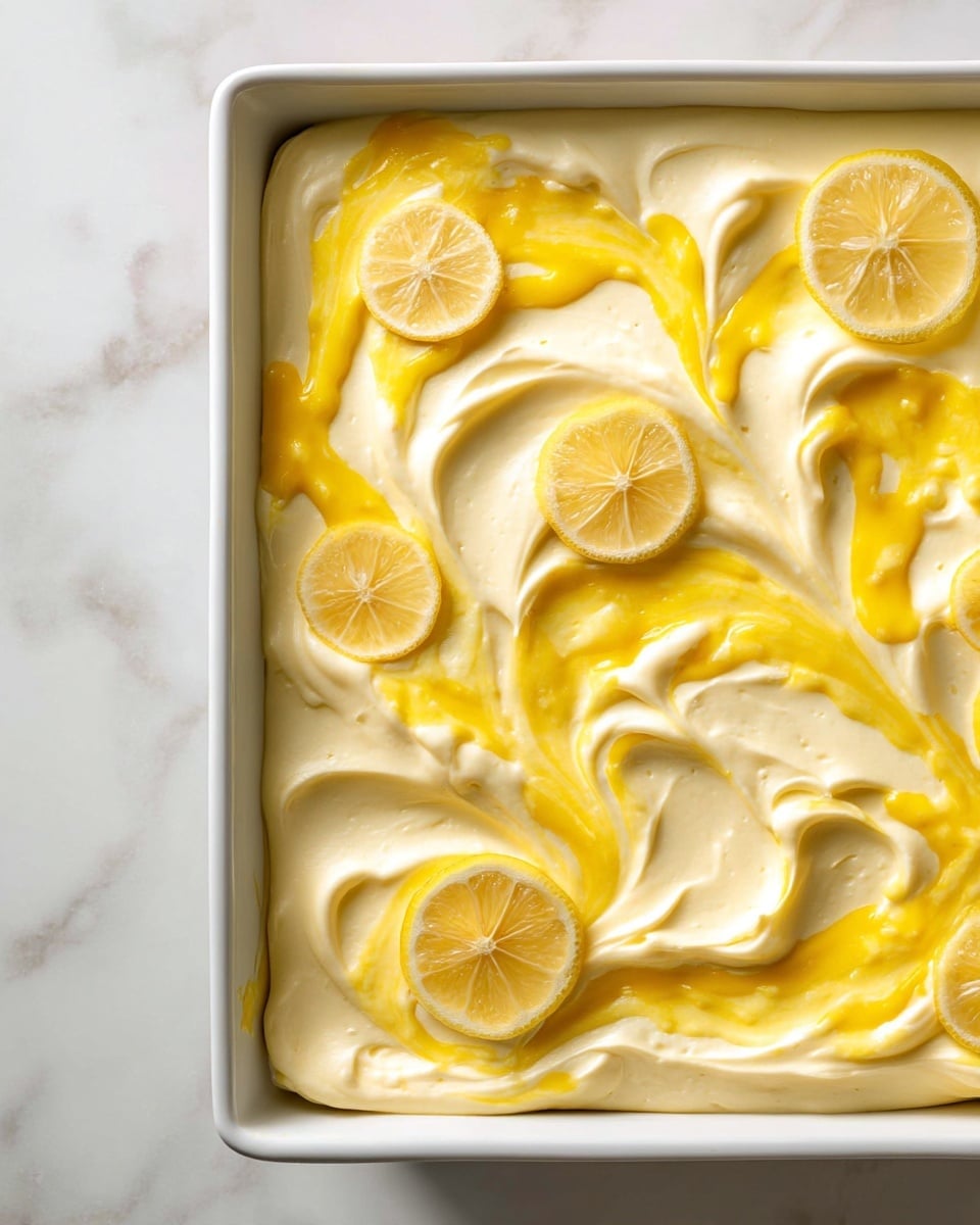 The image shows a two-panel close-up of a creamy dessert. On the left side, a thick, smooth, and fluffy layer of pale yellow cream is spread evenly with soft swirls and peaks visible, giving it a soft texture. On the right side, this creamy layer is in a white rectangular baking dish, topped with swirls of bright yellow sauce spread in a random pattern. Thin, round lemon slices are scattered across the surface, adding contrast and visual interest. The dish rests on a white marbled surface. Photo taken with an iphone --ar 4:5 --v 7