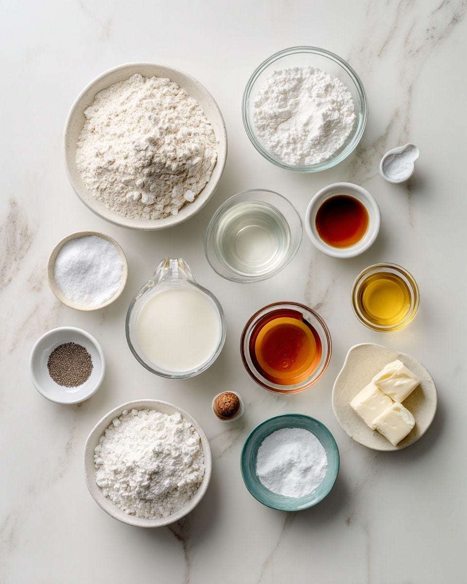 Top-down professional food photography flat lay style, bright white marble countertop, neatly arranged, evenly spaced, tidy, clean organized layout, include: bowl of light spelt flour, small bowl of baking powder, small bowl of baking soda, small bowl of fine sea salt, glass measuring cup of plain dairy-free milk beverage, glass measuring cup of pure maple syrup, small glass cup of melted light-tasting oil, small glass cup of apple cider vinegar, small bowl of finely ground flax seeds, small bottle of vanilla flavoring, bowl of organic refined coconut oil soft at room temperature, small glass cup of dairy-free coconut milk powder, small bowl of finely ground chia seeds, bright soft natural lighting, sharp focus, high detail textures, realistic reflections, professional DSLR look, 4K, no finished dish, no cooked food, no hands, no text, no watermark, no brand logos --ar 4:5 --v 7