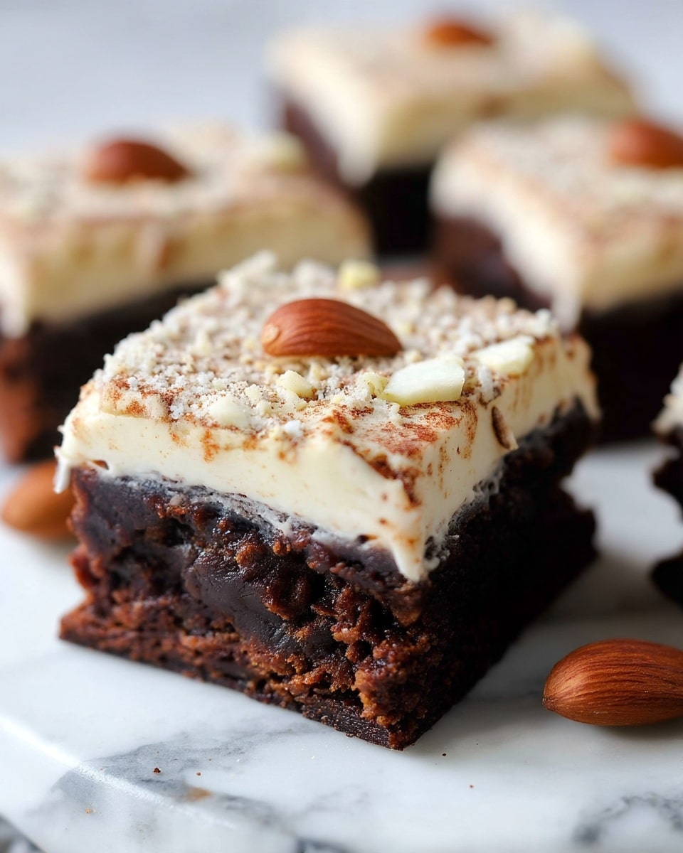 The image shows a square chocolate dessert with two layers on a white marbled surface. The bottom layer is thick, dark brown, and looks moist and dense with a rich texture. The top layer is creamy white with a smooth and light texture, sprinkled with small crumbs and a dusting of cinnamon or cocoa powder. Each piece is topped with a single whole almond in the center. The dessert pieces are close together, and the focus is on the front piece, with the background softly blurred. Photo taken with an iphone --ar 4:5 --v 7