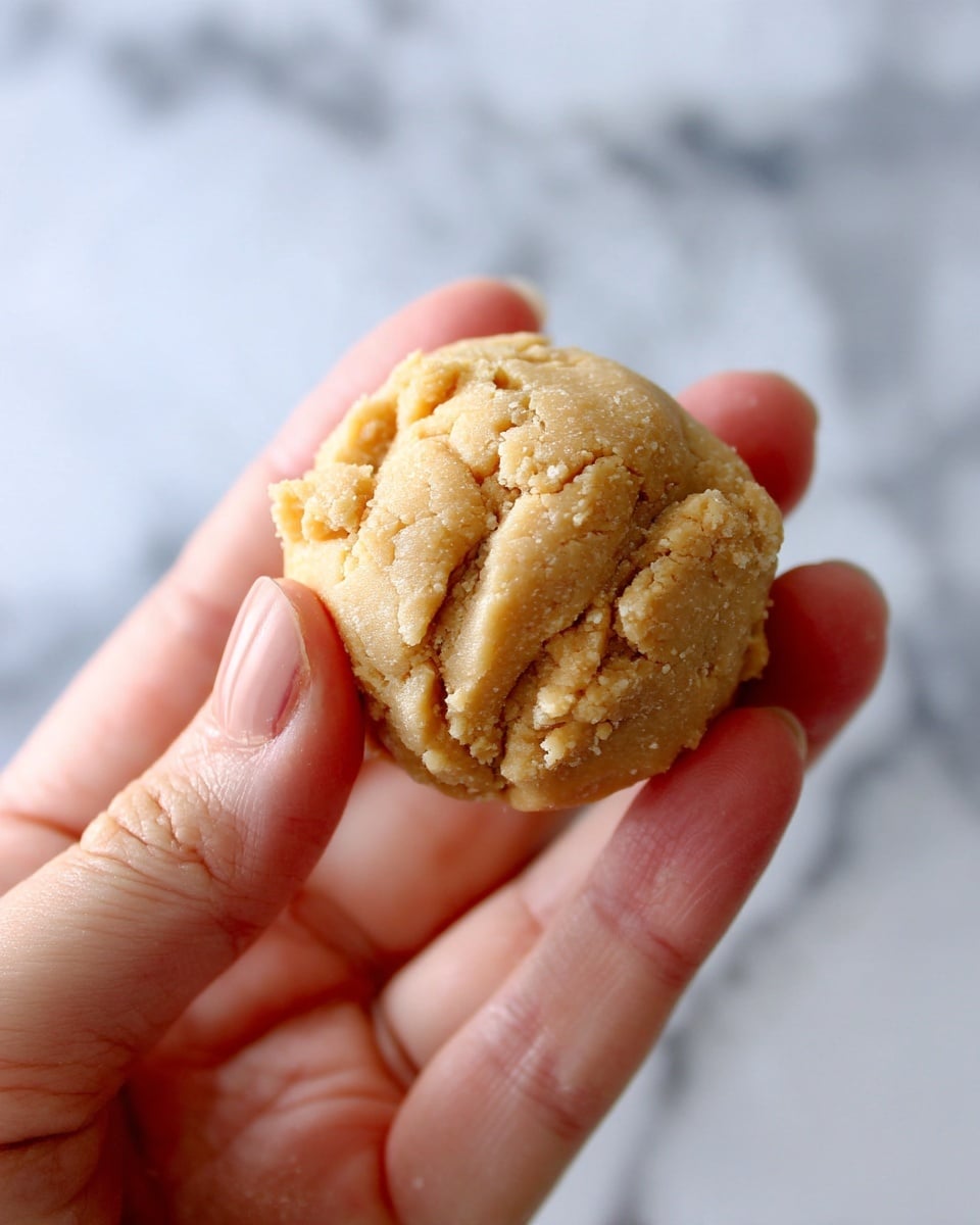 A close-up of a woman's hand holding a small round ball of dough. The dough is light tan and has a soft, crumbly texture with uneven surface details. The background is a smooth white marbled texture, and the focus is sharp on the dough while the woman's fingers are slightly blurred. photo taken with an iphone --ar 4:5 --v 7