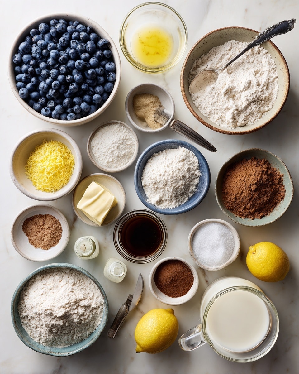 Top-down professional food photography flat lay style, bright white marble countertop, neatly arranged, evenly spaced, tidy, clean organized layout, include: bowl of wild blueberries, small bowl of lemon zest, small glass cup of lemon juice, small bowl of cornstarch, bowl of all-purpose flour, small bowl of instant rise yeast, small bowl of cane sugar, small bowl of salt, glass measuring cup of warm almond milk, small plate of melted vegan butter, small plate of room temperature vegan butter, small bowl of packed brown sugar, small bowl of cinnamon, bowl of powdered sugar, small glass cup of almond milk, small glass bottle of vanilla flavoring, bright soft natural lighting, sharp focus, high detail textures, realistic reflections, professional DSLR look, 4K, no finished dish, no cooked food, no hands, no text, no watermark, no brand logos --ar 4:5 --v 7