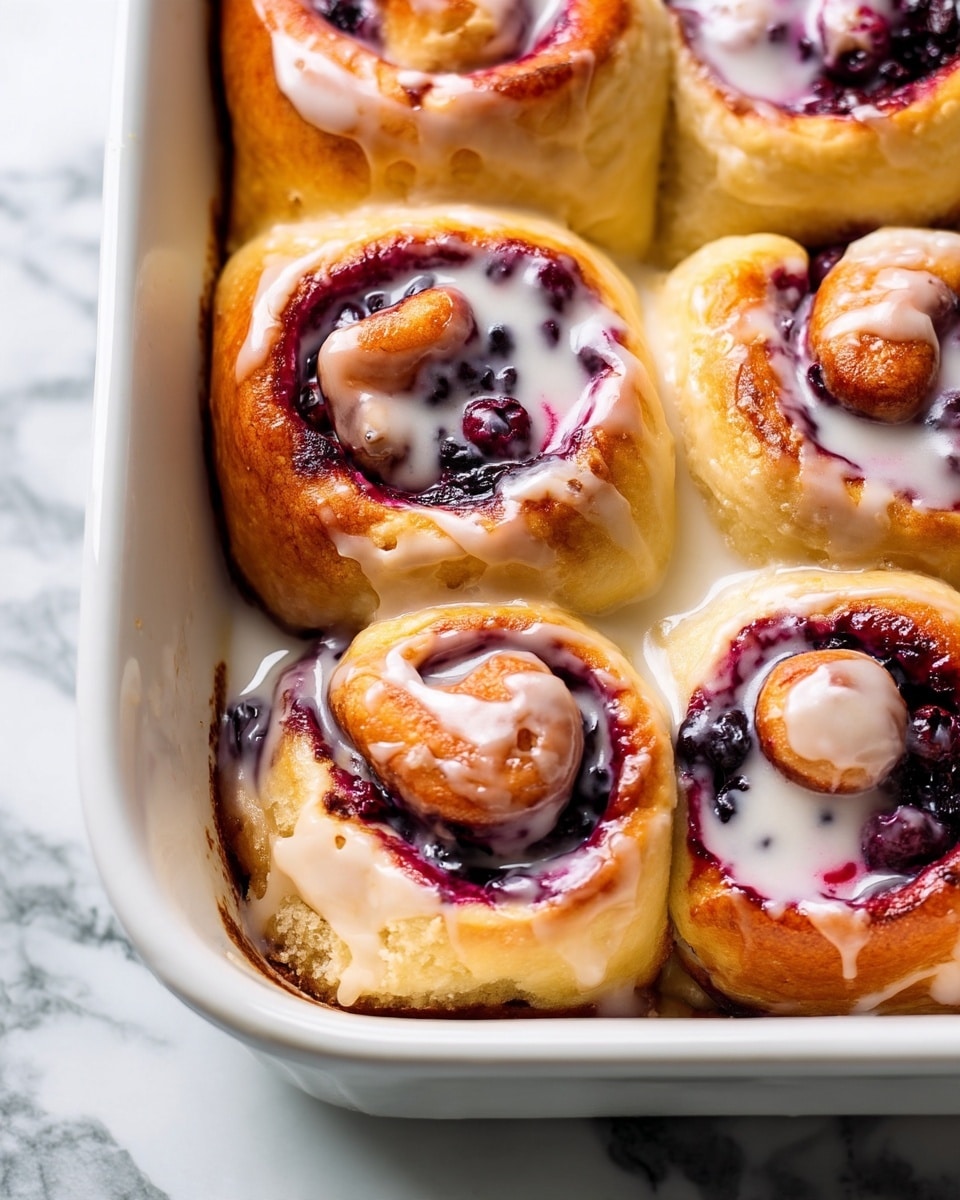 This image shows a close-up of soft, light golden-brown pastries in a white baking dish, each with a swirl shape. Inside the swirls, there is a layer of deep purple and dark red berry filling with a glossy texture. The pastries are covered with a creamy white glaze that drips down the sides and pools a little at the bottom, giving a shiny, smooth look. The pastries are touching each other, with some edges slightly browned. The background is a white marbled texture. photo taken with an iphone --ar 4:5 --v 7