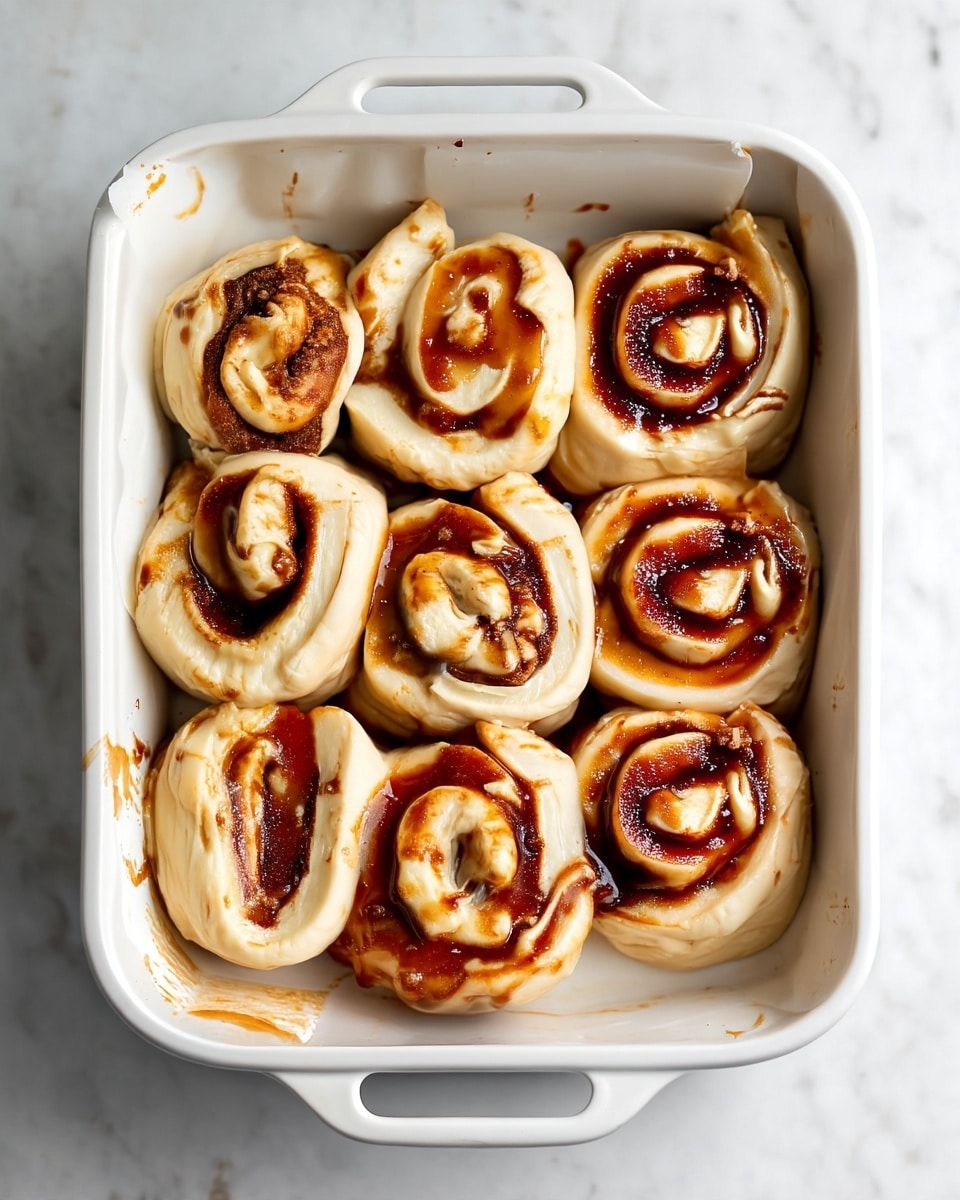 The image shows a white square baking dish filled with nine uncooked cinnamon rolls arranged in three rows of three. Each roll is a light beige dough spiraled with a dark brown cinnamon sugar filling, visible in the swirls that vary slightly in size and shape. The rolls’ dough looks soft and slightly shiny with spots of cinnamon filling oozing a bit on the sides. The inside of the baking dish has some marks and streaks from the cinnamon filling, creating a slightly sticky texture. The dish sits on a white marbled surface. photo taken with an iphone --ar 4:5 --v 7