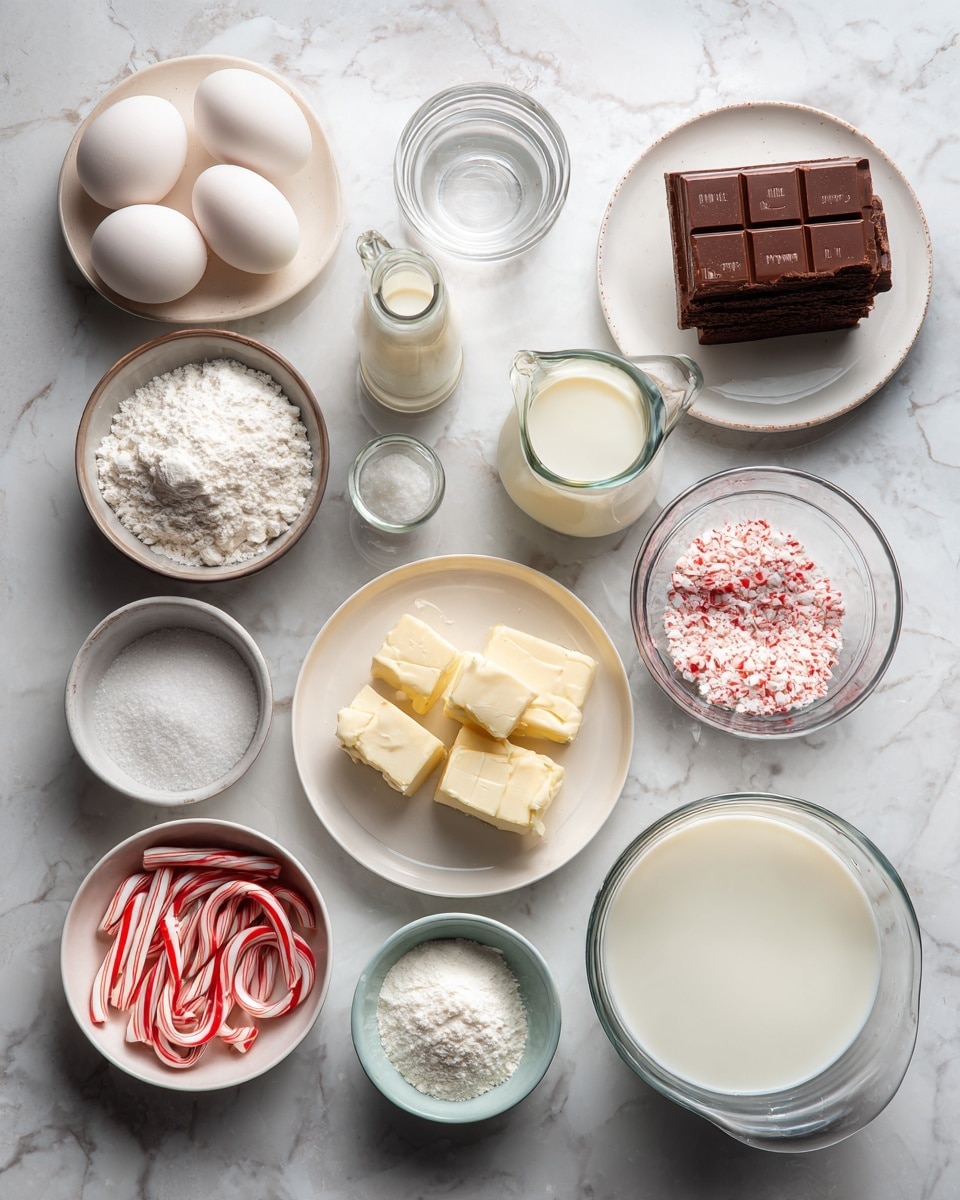 Top-down professional food photography, flat lay style, bright white marble countertop, neatly arranged, evenly spaced, tidy, clean organized layout, include: box of chocolate cake mix with generic label, small plate with eggs, glass measuring cup with oil, glass measuring cup with water, small bowl of granulated sugar, small bowl of softened cream cheese, small bowl with egg white, small bowl of powdered sugar, small plate of softened butter, small glass bottle of vanilla flavoring, small glass measuring cup of milk, small bowl of crushed peppermint candy canes, bright soft natural lighting, sharp focus, high detail textures, realistic reflections, professional DSLR look, 4K, no finished dish, no cooked food, no hands, no text, no watermark, no brand logos --ar 4:5 --v 7
