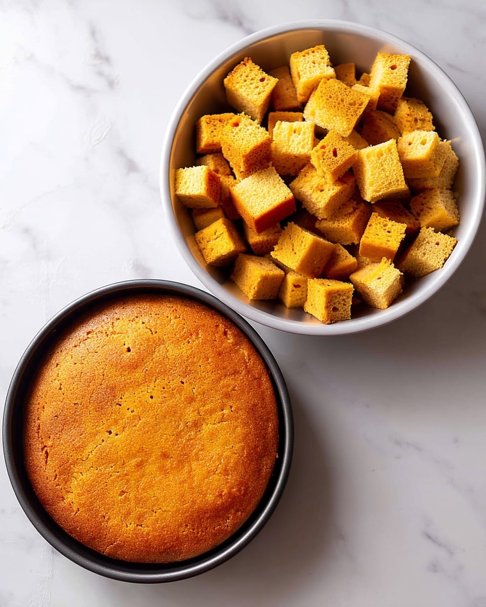 The image shows two round baked cakes in black pans on a white marbled surface on the left side, both with a golden brown color and smooth texture with small air holes. On the right side, a white bowl is filled with many small, evenly cut golden brown cake cubes, showing a soft and spongy texture. The overall look is warm and inviting. photo taken with an iphone --ar 4:5 --v 7
