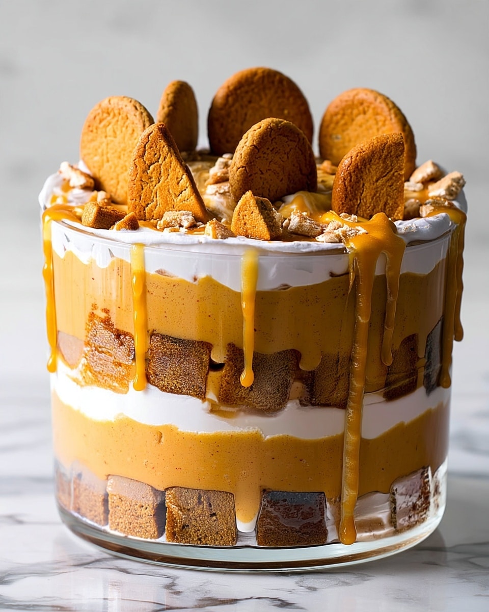 This dessert is a tall, round trifle with four visible layers inside a clear glass container on a white marbled surface. The bottom layer is made of pressed ginger snap cookie pieces in a rough brown texture. Above this is a smooth orange creamy layer, followed by a thick, white whipped cream layer. These three layers repeat once more, giving the trifle a striped look. The top is covered with fluffy white whipped cream spread evenly, drizzled with golden caramel sauce that runs down the sides. Seven whole ginger snap cookies stand upright around the edge on top, with small broken cookie pieces scattered near them, all on a white marbled surface. Photo taken with an iphone --ar 4:5 --v 7