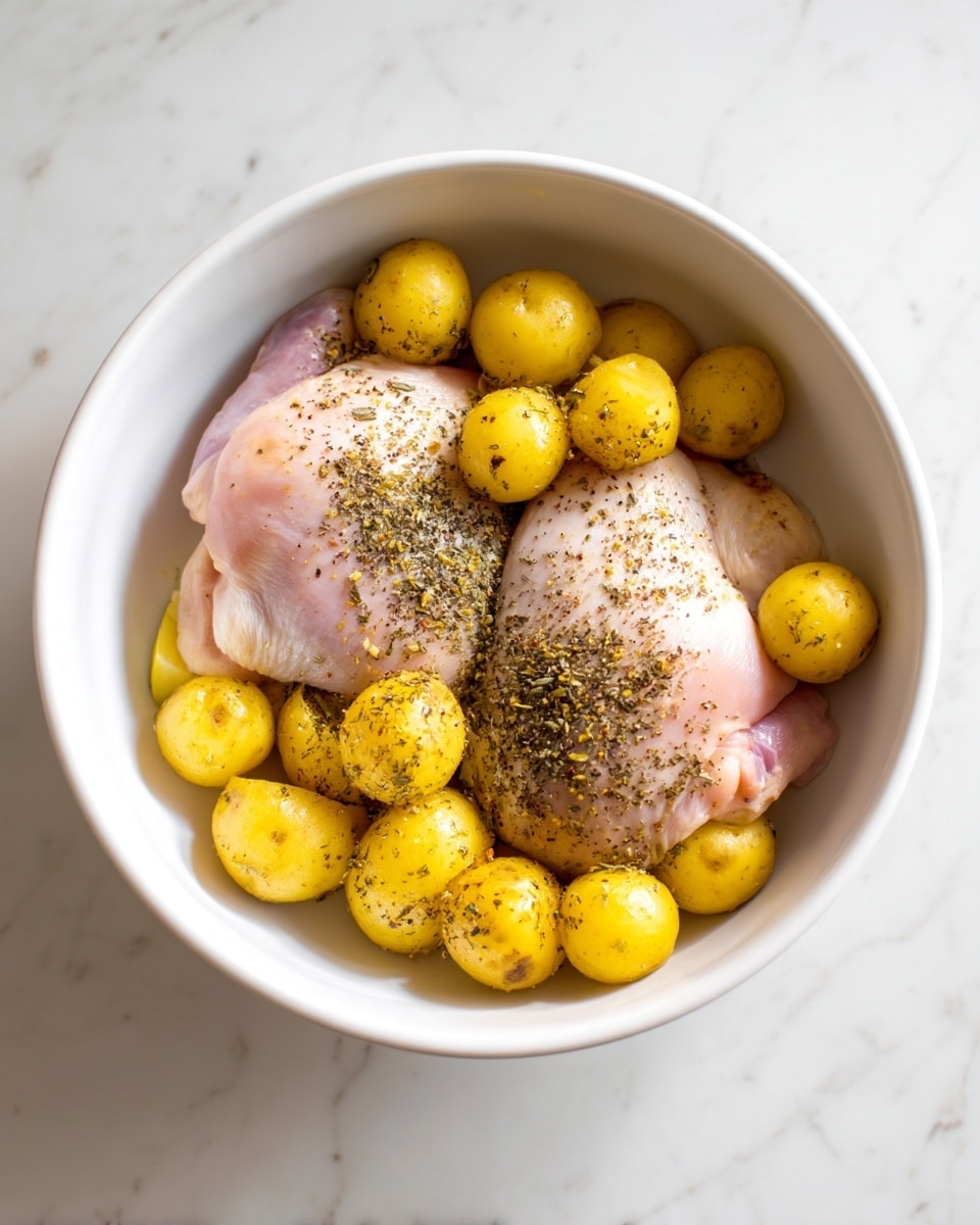A white bowl sits on a white marbled surface, filled with two raw chicken pieces at the bottom. On top of the chicken, there are many small yellow potato pieces scattered around. The chicken is sprinkled with a layer of black pepper and other spices, giving a dotted texture over the smooth pink skin. The potatoes have a rough, uneven texture and are clustered mostly on one side of the bowl. Photo taken with an iphone --ar 4:5 --v 7