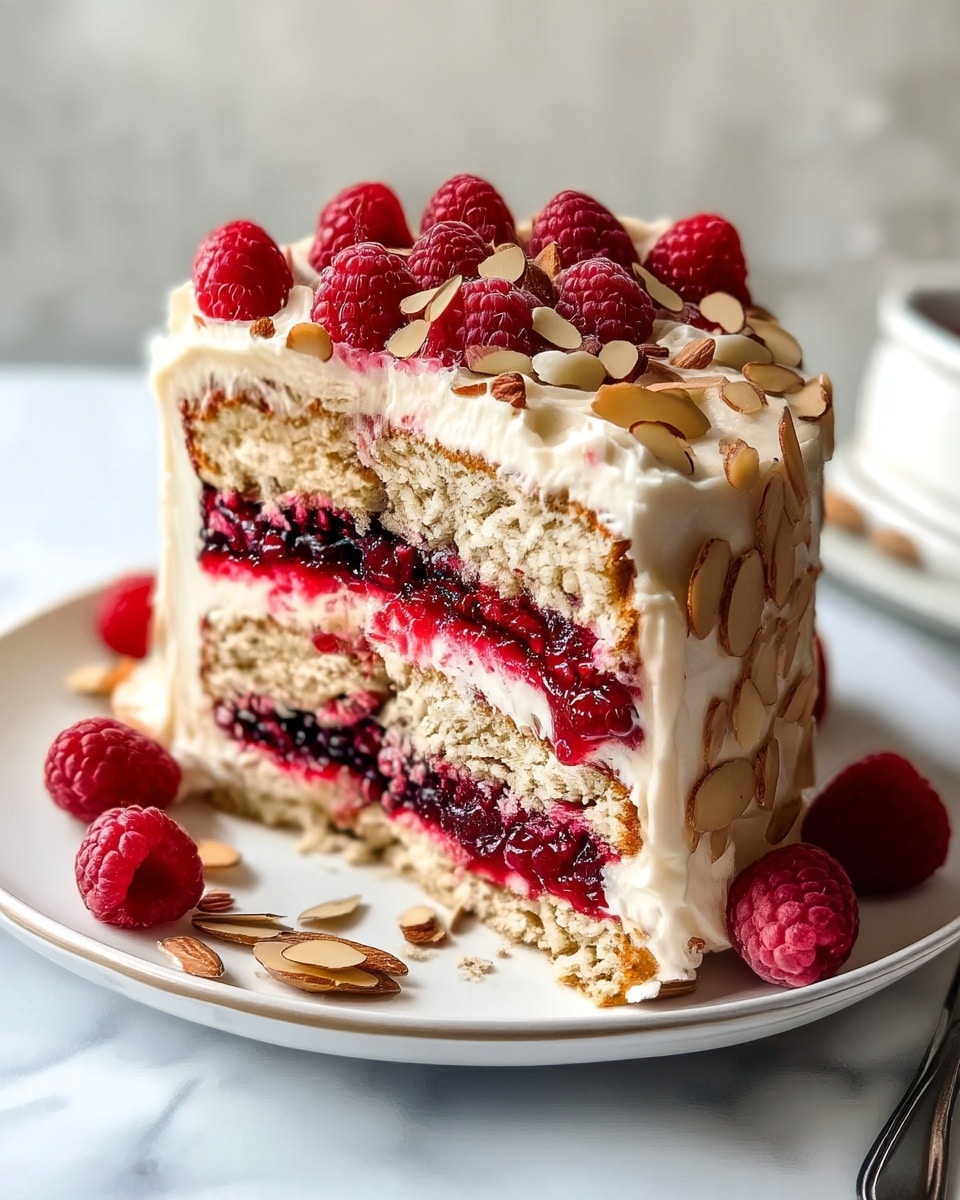 The image shows a three-layer cake with light beige sponge layers. Between each sponge layer, there is a thick dark red berry jam filling, topped with white creamy frosting. The outside of the cake is covered in the same white frosting. On top, the cake is decorated with fresh red raspberries and scattered light brown almond slices. Some raspberries and almond slices are also placed on the white plate around the cake. The cake sits on a white plate, placed on a white marbled surface. photo taken with an iphone --ar 4:5 --v 7