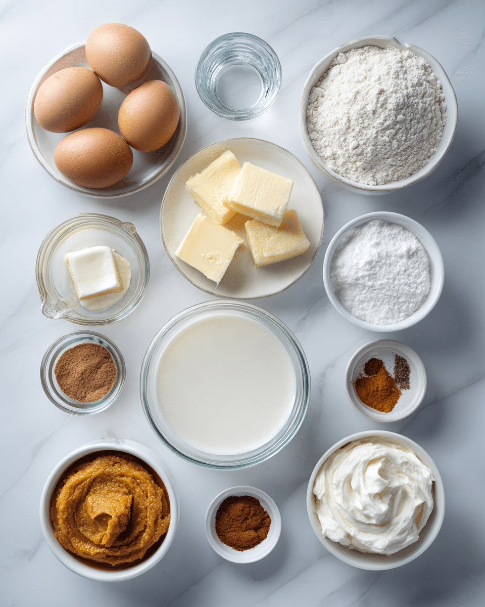 Top-down professional food photography flat lay style, bright white marble countertop, neatly arranged, evenly spaced, tidy, clean organized layout, include: small plate with eggs, small bowl with melted butter, bowl of flour, glass measuring cup of milk, small glass cup of water, small bowl of sugar, small bottle of vanilla flavoring, bowl of pumpkin puree, small bowl of pumpkin pie spice, small bowl of cinnamon, small bowl of salt, small bowl of softened cream cheese, small bowl of thawed cool whip, bright soft natural lighting, sharp focus, high detail textures, realistic reflections, professional DSLR look, 4K, no finished dish, no cooked food, no hands, no text, no watermark, no brand logos --ar 4:5 --v 7