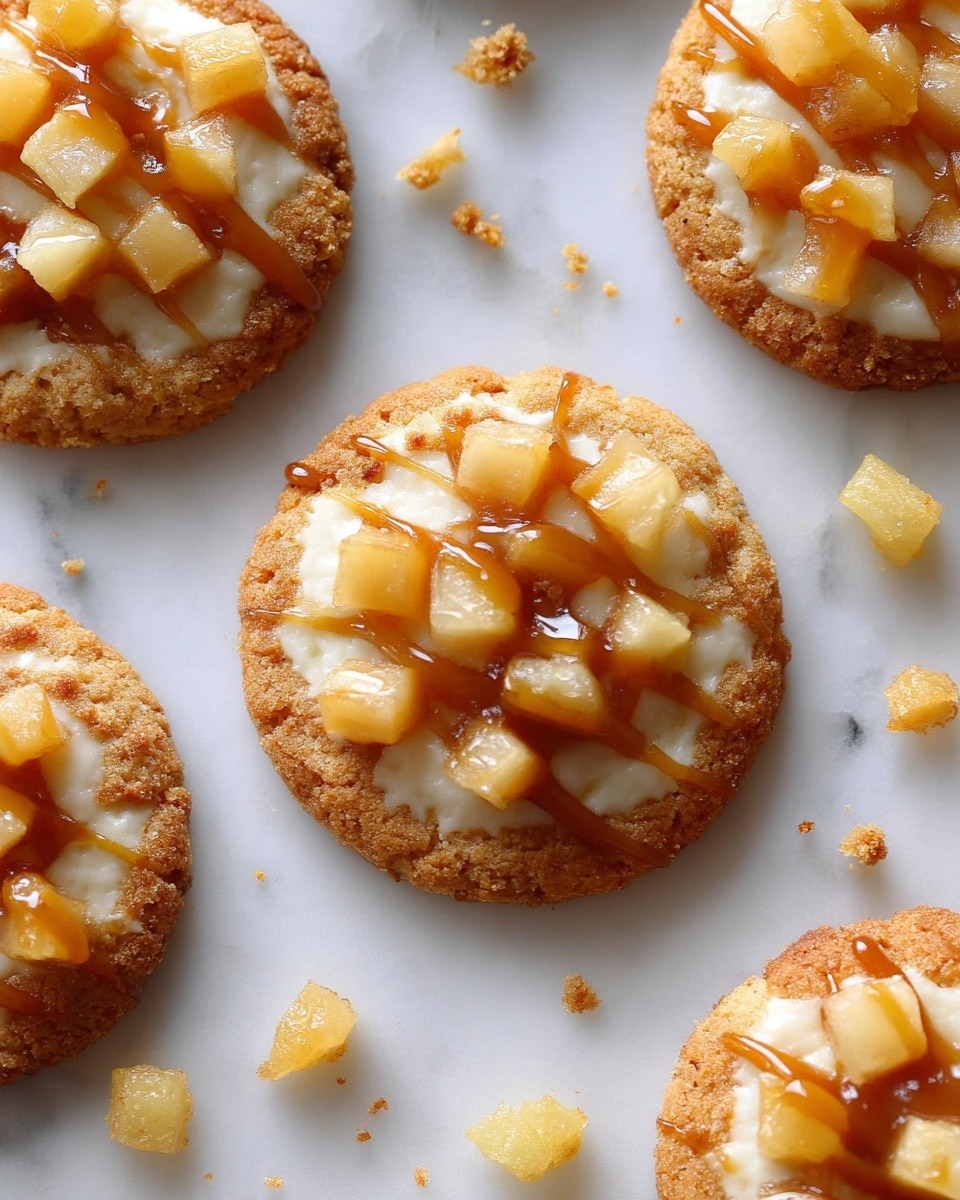 The image shows several round cookies on a white marbled surface. Each cookie has a rough golden-brown outer edge with a soft cream-colored center. On top of the cream center are small pieces of diced, light yellow fruit or topping. The front cookie also has a shiny caramel sauce drizzled over the diced pieces in uneven lines. The cookies are spaced apart with some crumbs scattered around them. Photo taken with an iphone --ar 4:5 --v 7